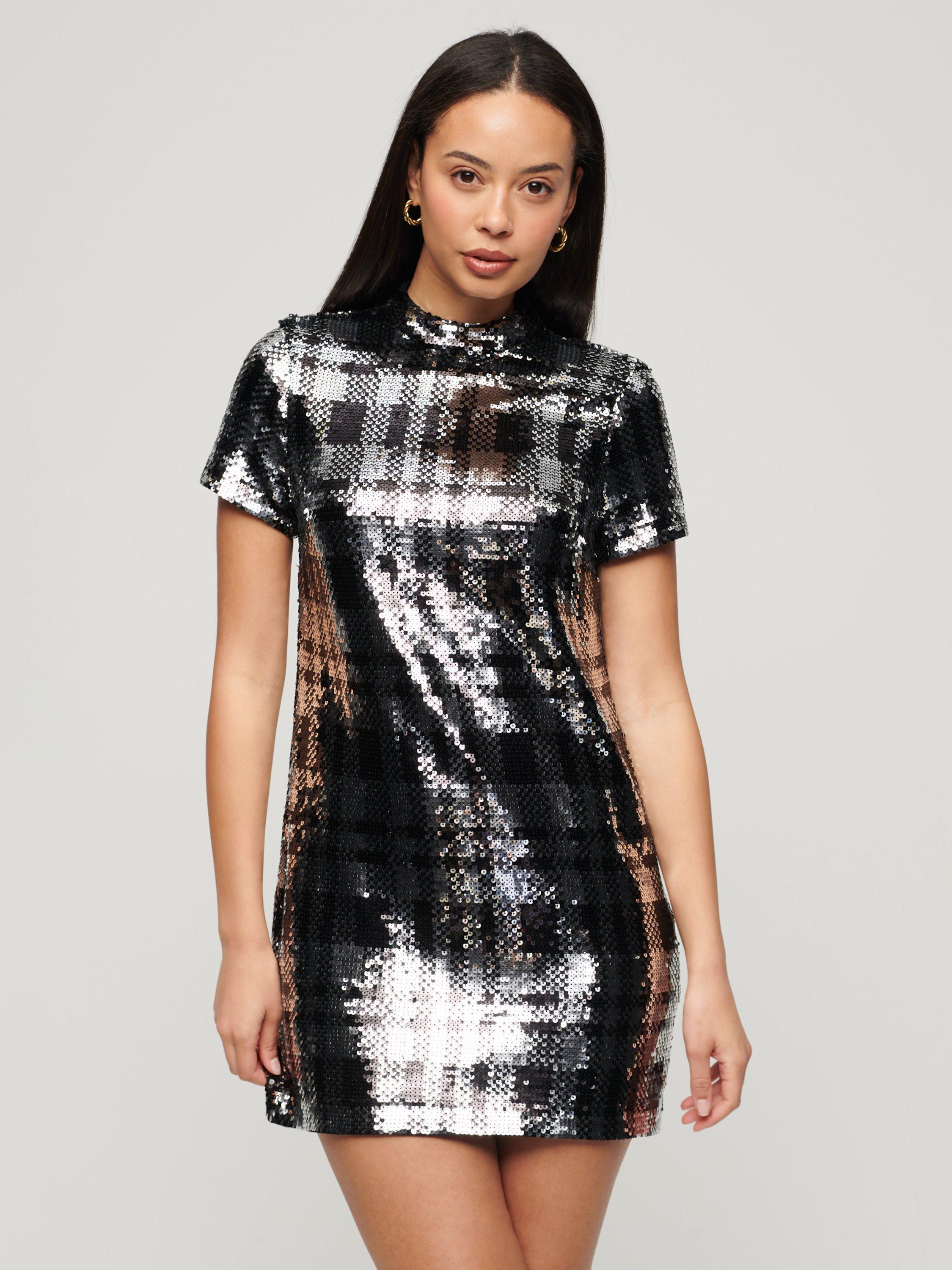 Product image 1 of 4, which shows Superdry Sequin T-Shirt Dress, Grey, 6