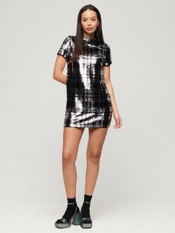 Superdry Sequin T-Shirt Dress, Grey - view 2, Grey