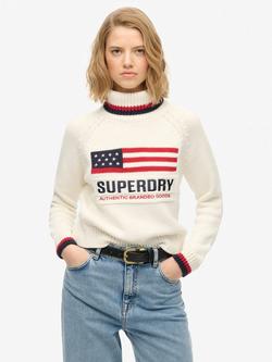Superdry Americana Roll Neck Knit Jumper, Dark Pine Green, Ecru