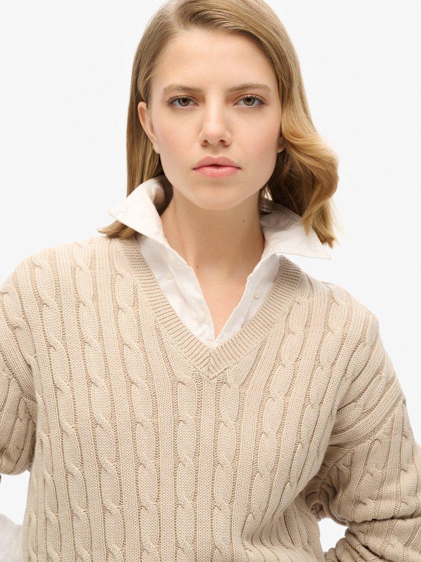Product image 3 of 5, which shows Superdry Oversized V Neck Cable Jumper, Oatmeal Beige, 6-8