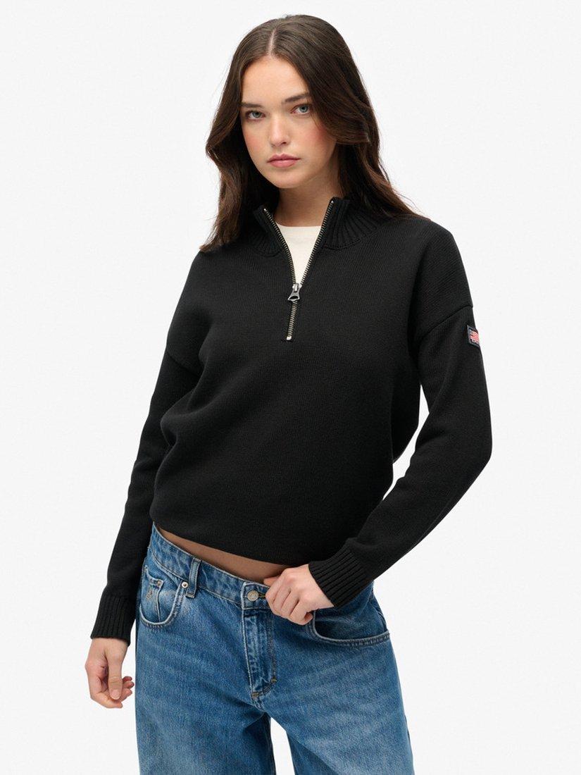 Product image 1 of 5, which shows Superdry Slouchy Knitted Half Zip Jumper, Black, 6