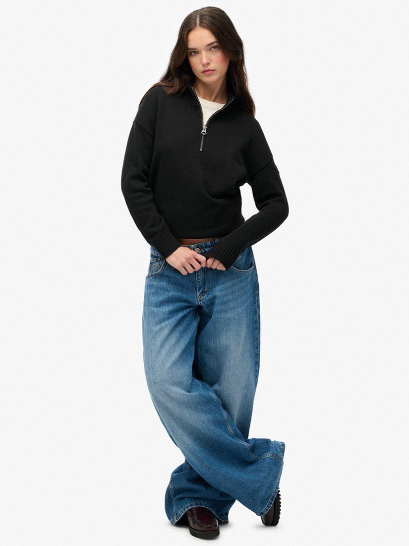 Product image 3 of 5, which shows Superdry Slouchy Knitted Half Zip Jumper, Black, 6