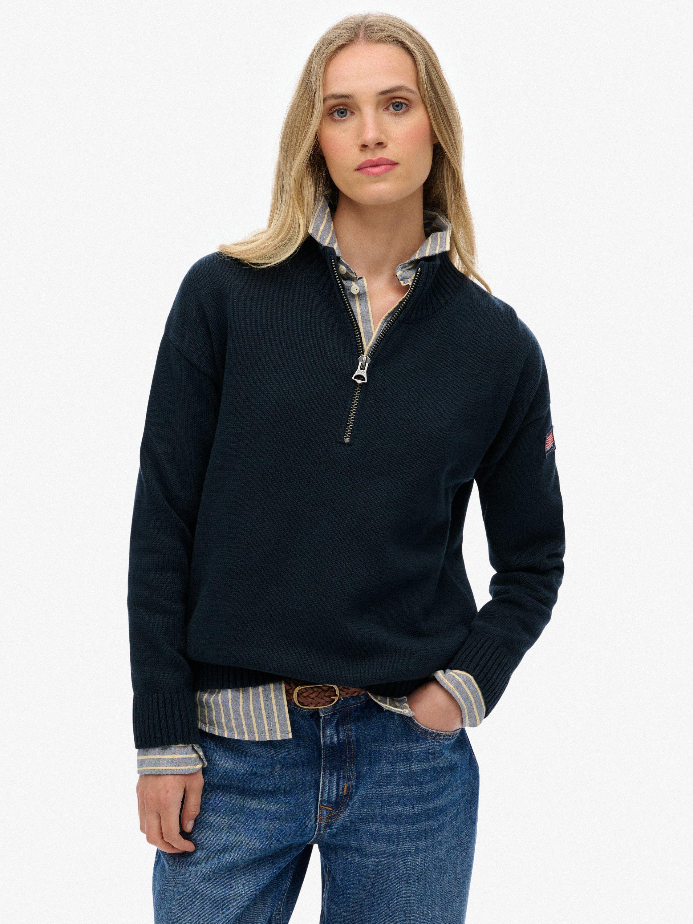 Product image 1 of 5, which shows Superdry Slouchy Knitted Half Zip Jumper, Eclipse Navy, 6