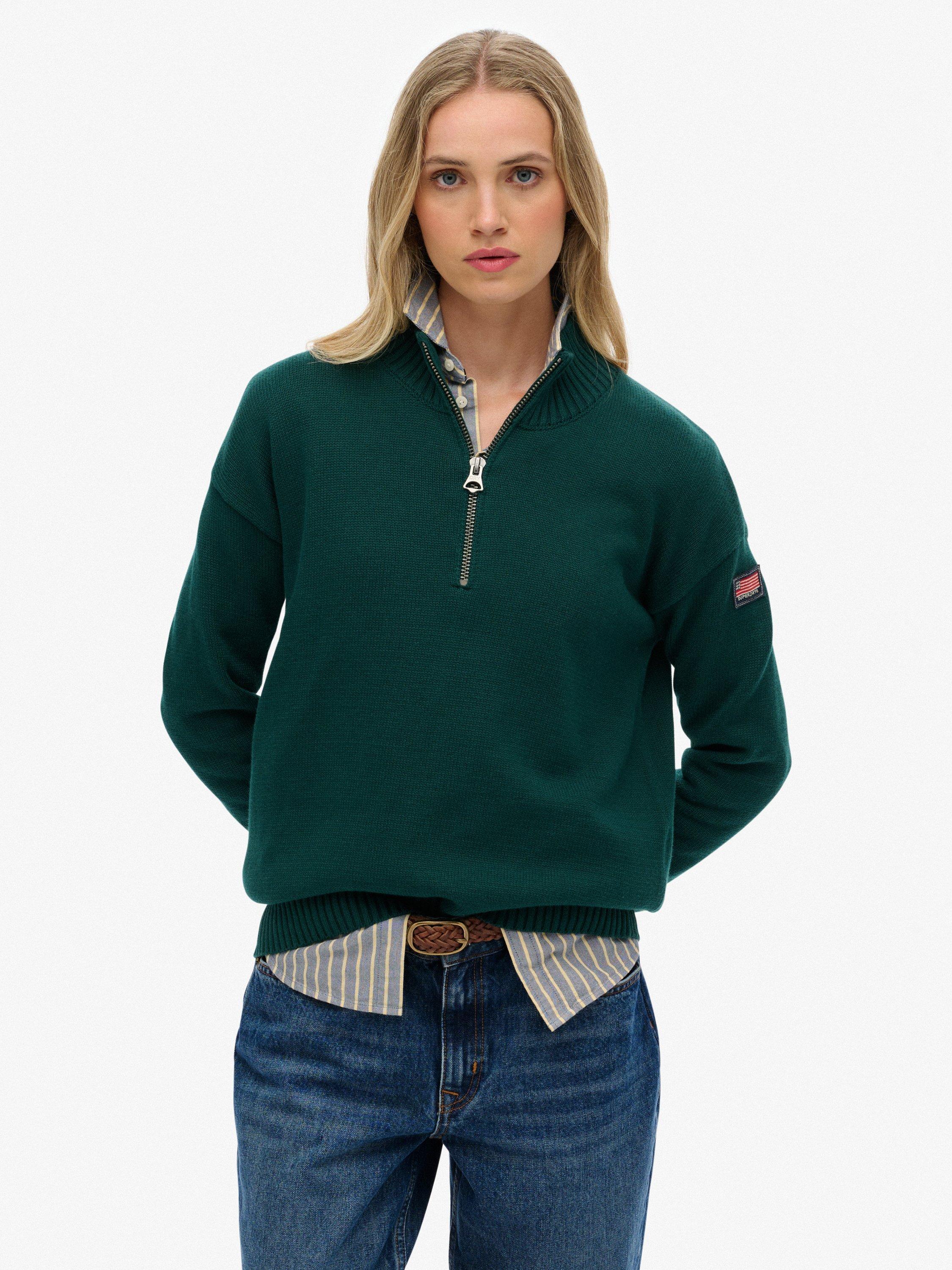 Product image 1 of 5, which shows Superdry Slouchy Knitted Half Zip Jumper, Darkest Pine Green, 6