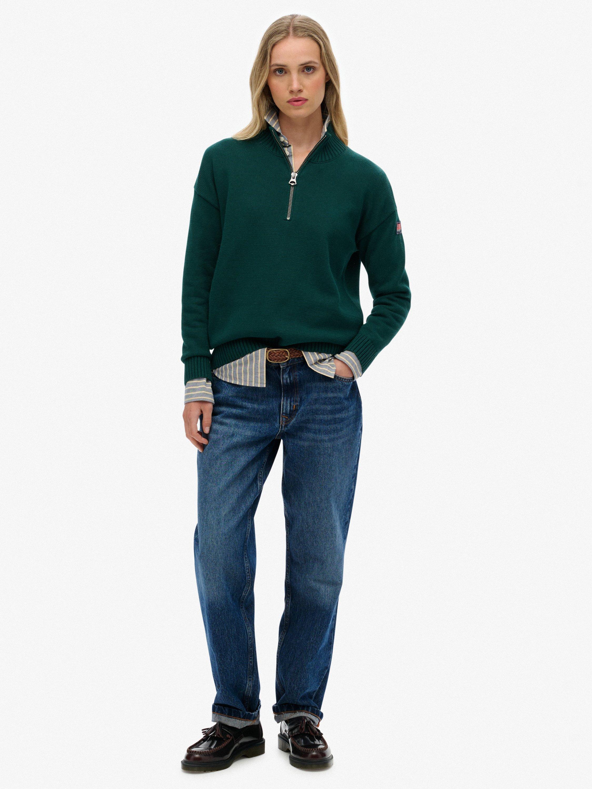 Product image 3 of 5, which shows Superdry Slouchy Knitted Half Zip Jumper, Darkest Pine Green, 6