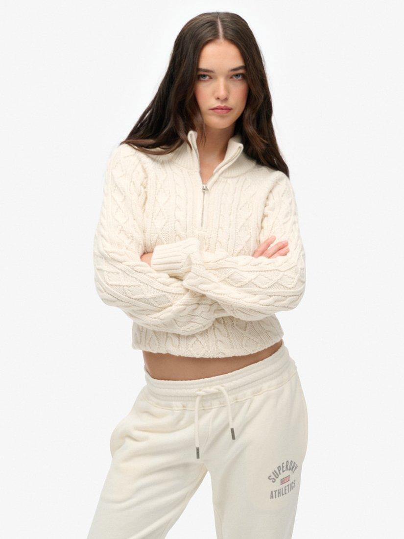 Product image 1 of 5, which shows Superdry Slim Cable Knit 1/2 Zip Knit Jumper, Ecru, 6