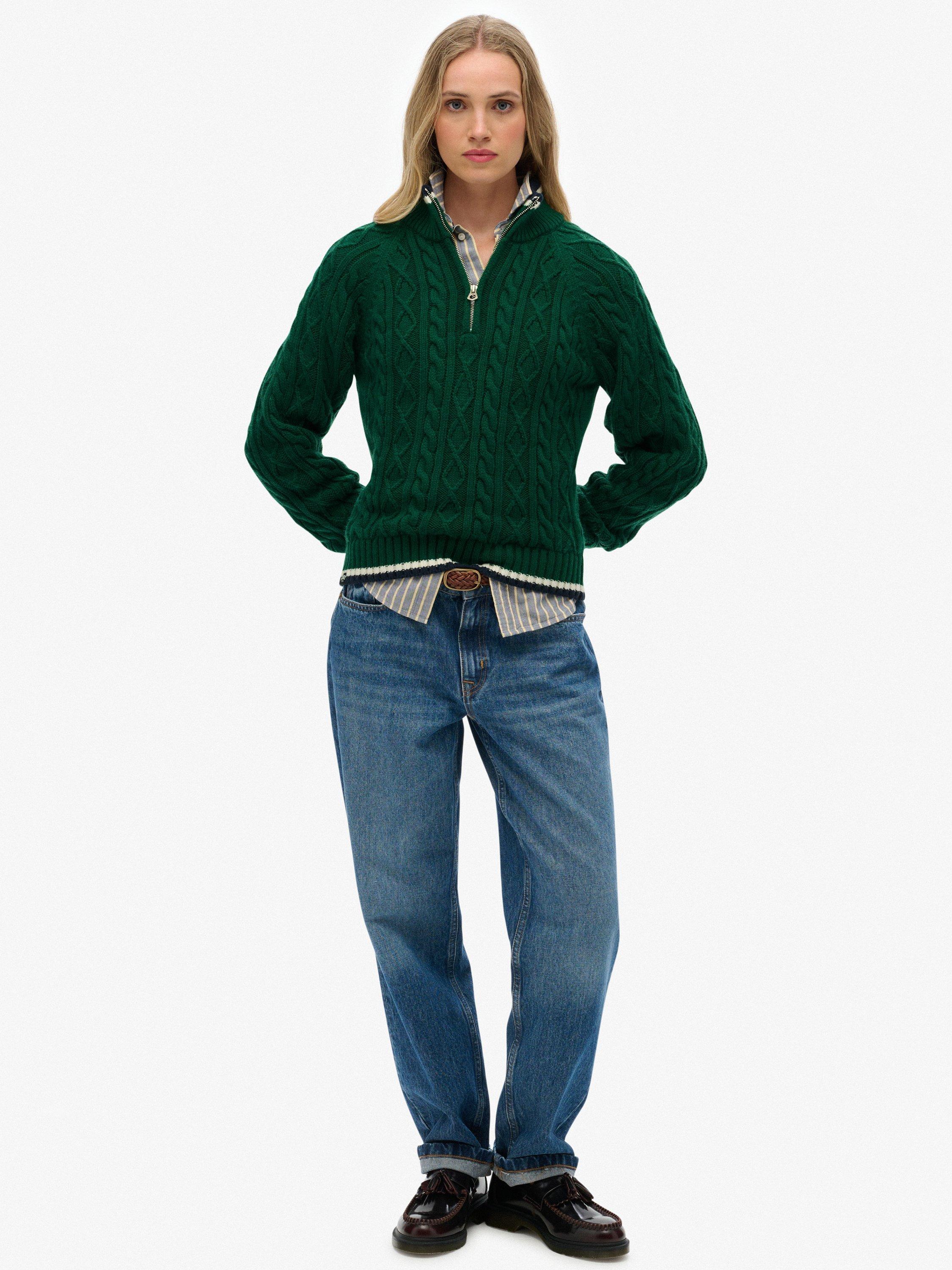 Product image 3 of 5, which shows Superdry Slim Cable Knit 1/2 Zip Jumper, Sharp Green, 6