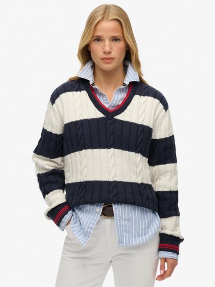 Superdry Stripe Oversized Cable Knit Jumper, Richest Navy, Richest Navy