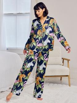 Chelsea Peers Jungle Satin Button Through Long Pyjama Set, Navy, Navy