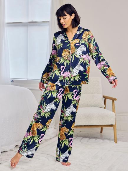Chelsea Peers Jungle Satin Button Through Long Pyjama Set, Navy, Navy