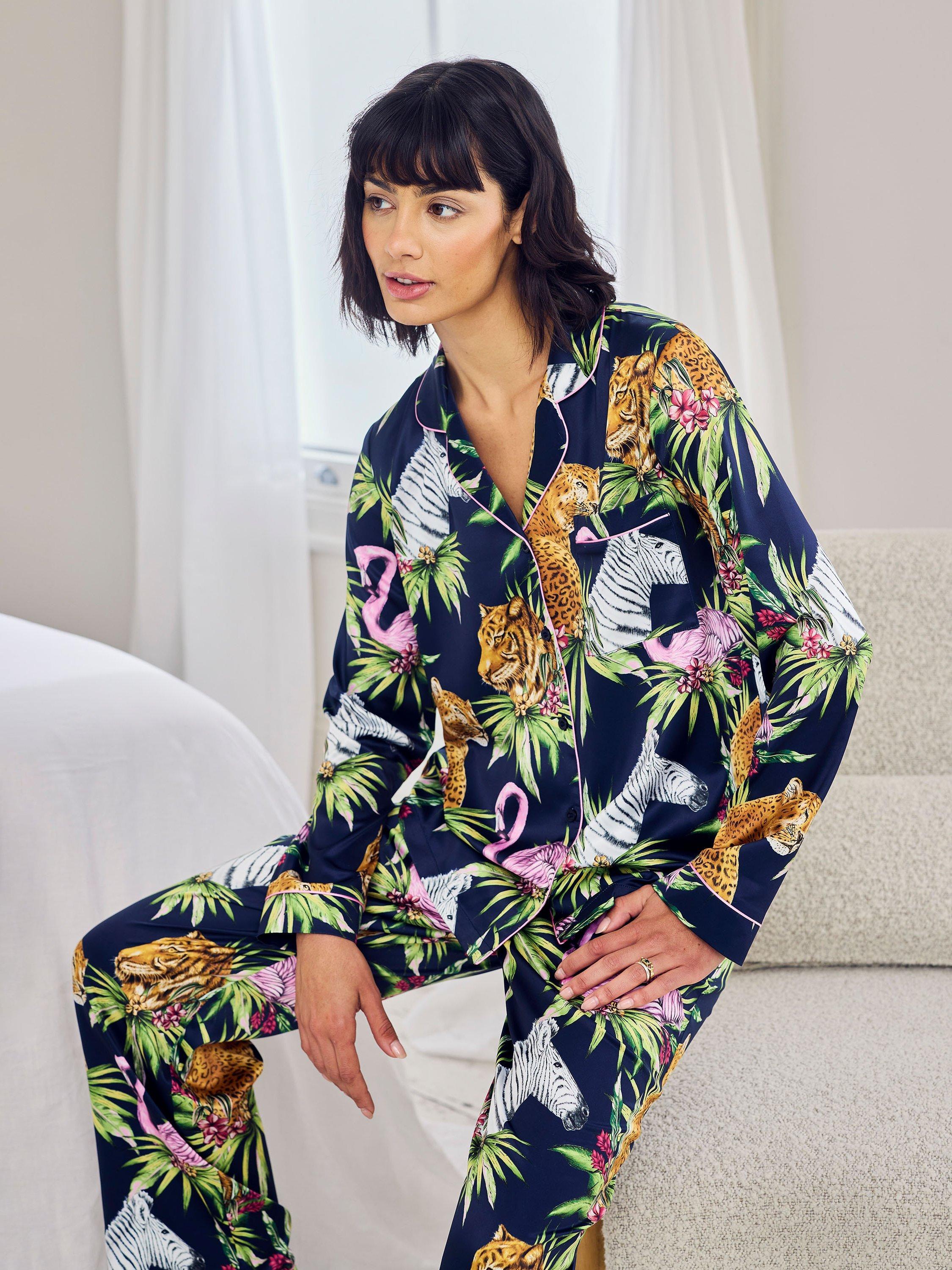 Product image 2 of 5, which shows Chelsea Peers Jungle Satin Button Through Long Pyjama Set, Navy, 8