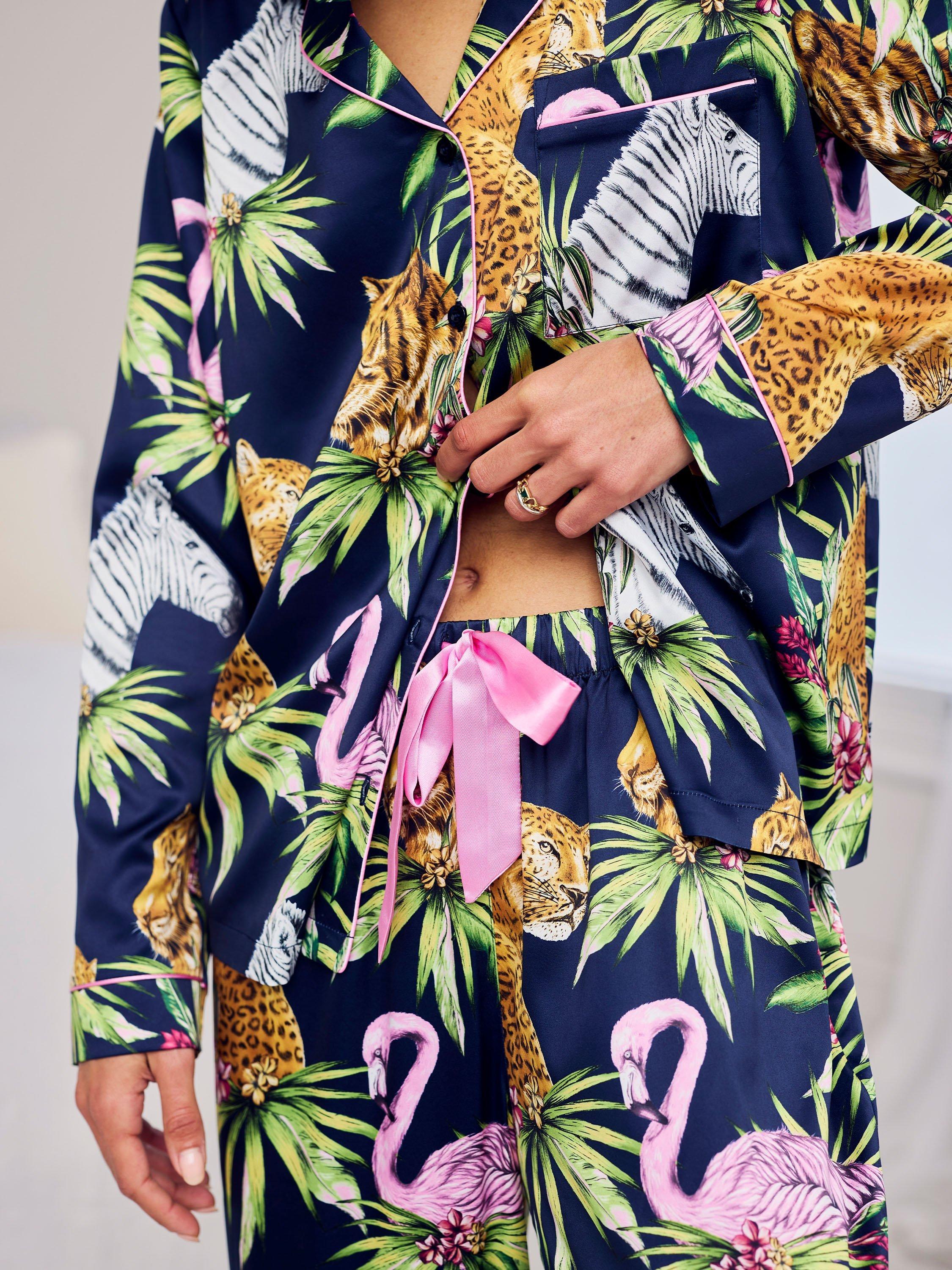 Product image 3 of 5, which shows Chelsea Peers Jungle Satin Button Through Long Pyjama Set, Navy, 8