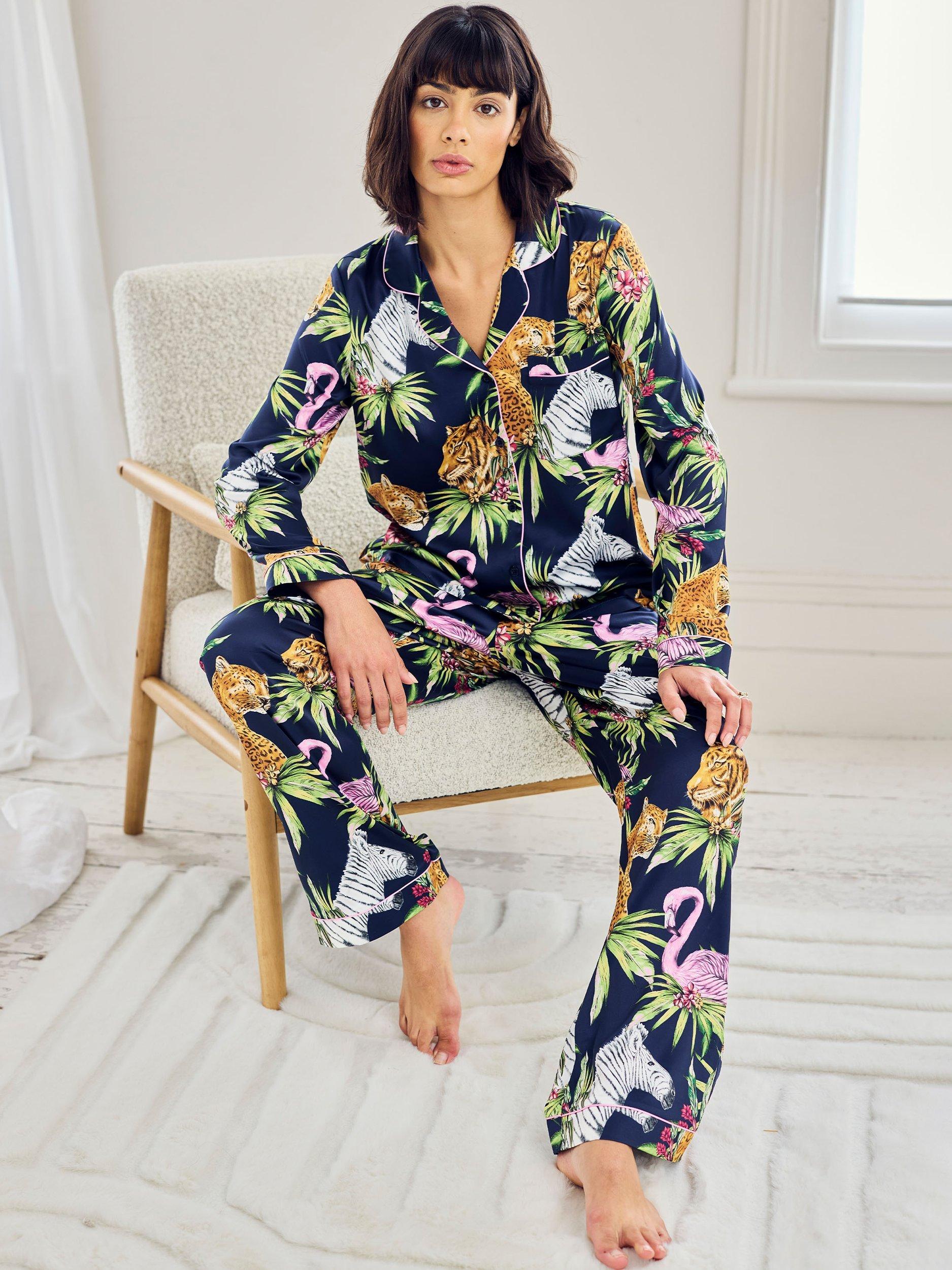 Product image 5 of 5, which shows Chelsea Peers Jungle Satin Button Through Long Pyjama Set, Navy, 8