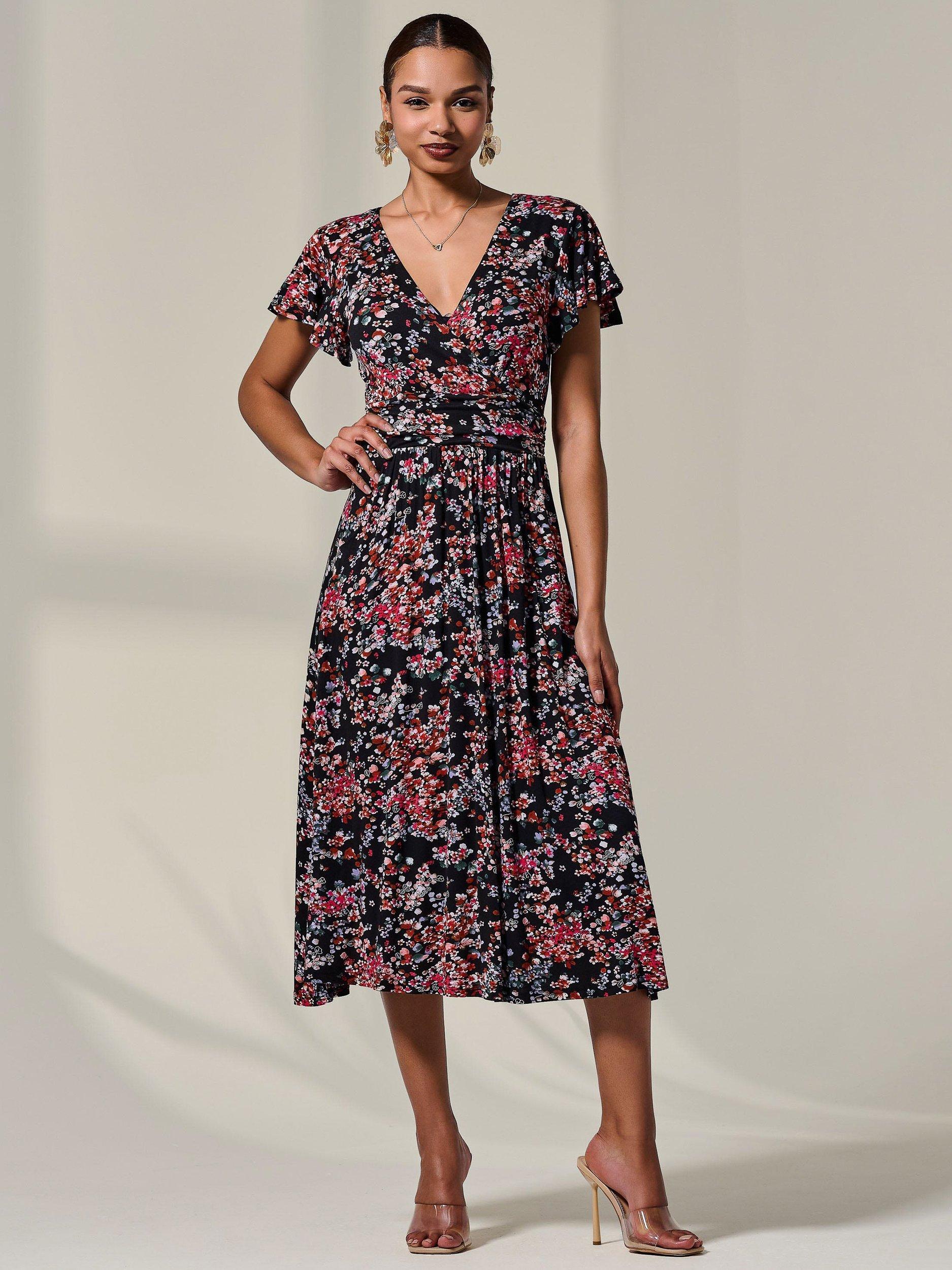 Product image 1 of 7, which shows Jolie Moi Floral Jersey Wrap Midi Dress, Black, 8