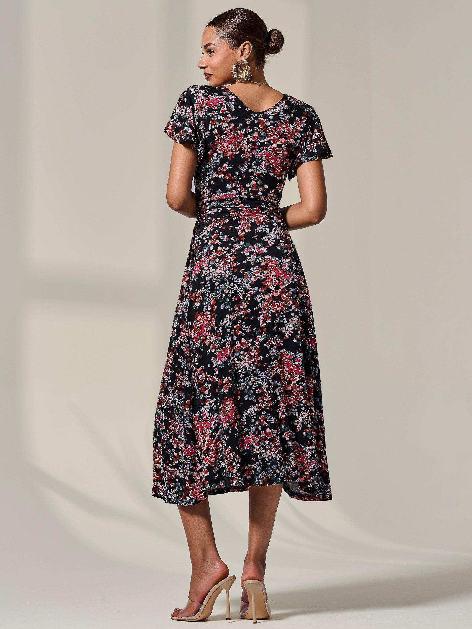 Product image 2 of 7, which shows Jolie Moi Floral Jersey Wrap Midi Dress, Black, 8