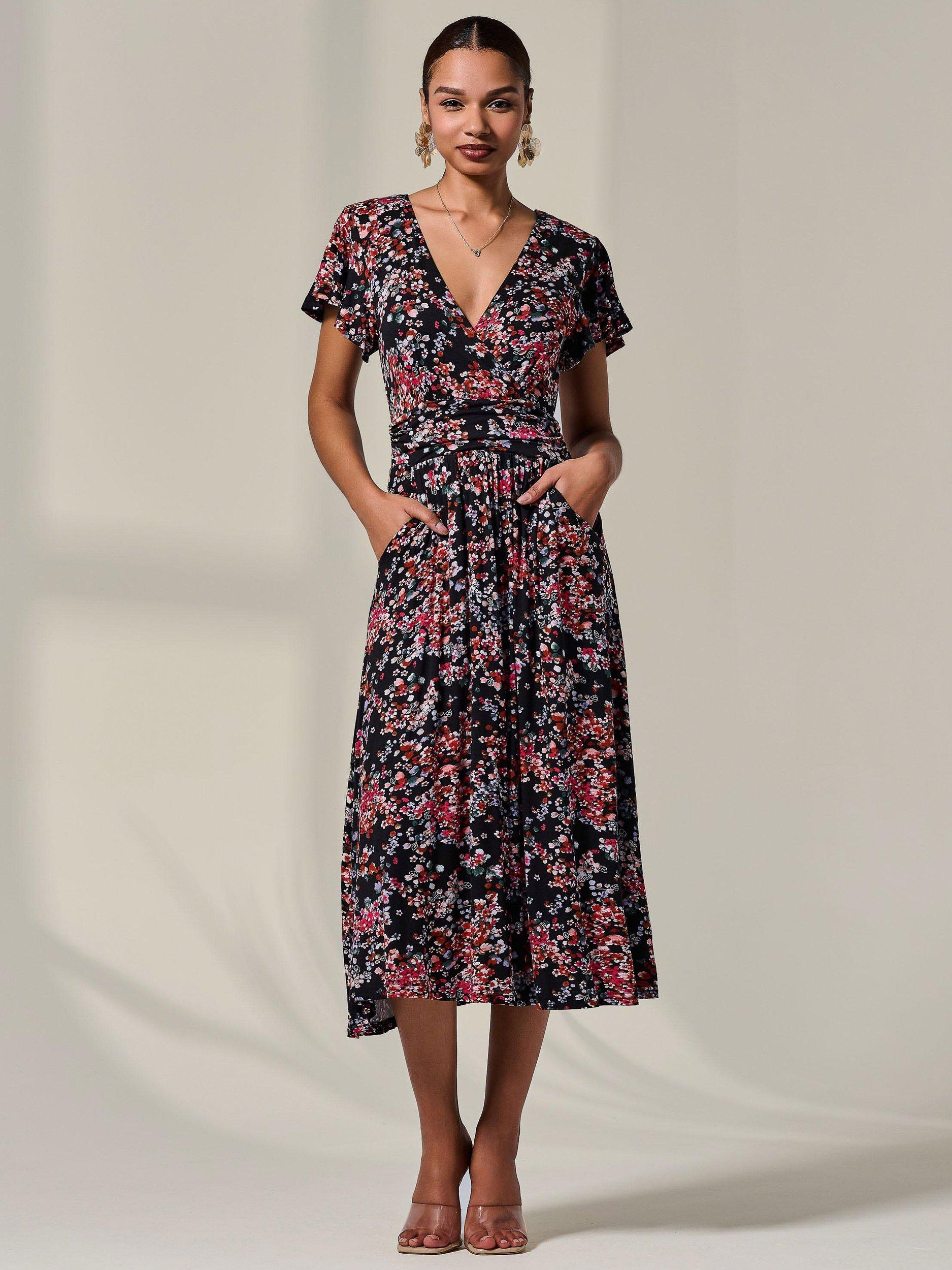 Product image 3 of 7, which shows Jolie Moi Floral Jersey Wrap Midi Dress, Black, 8