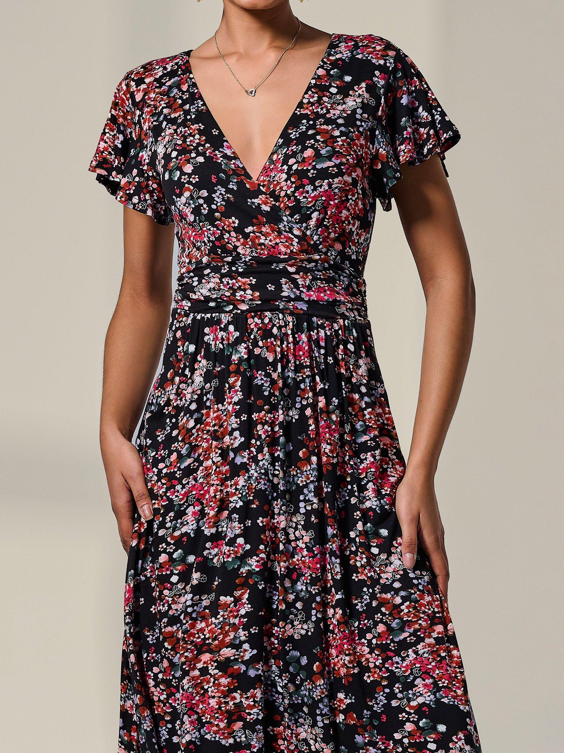Product image 4 of 7, which shows Jolie Moi Floral Jersey Wrap Midi Dress, Black, 8