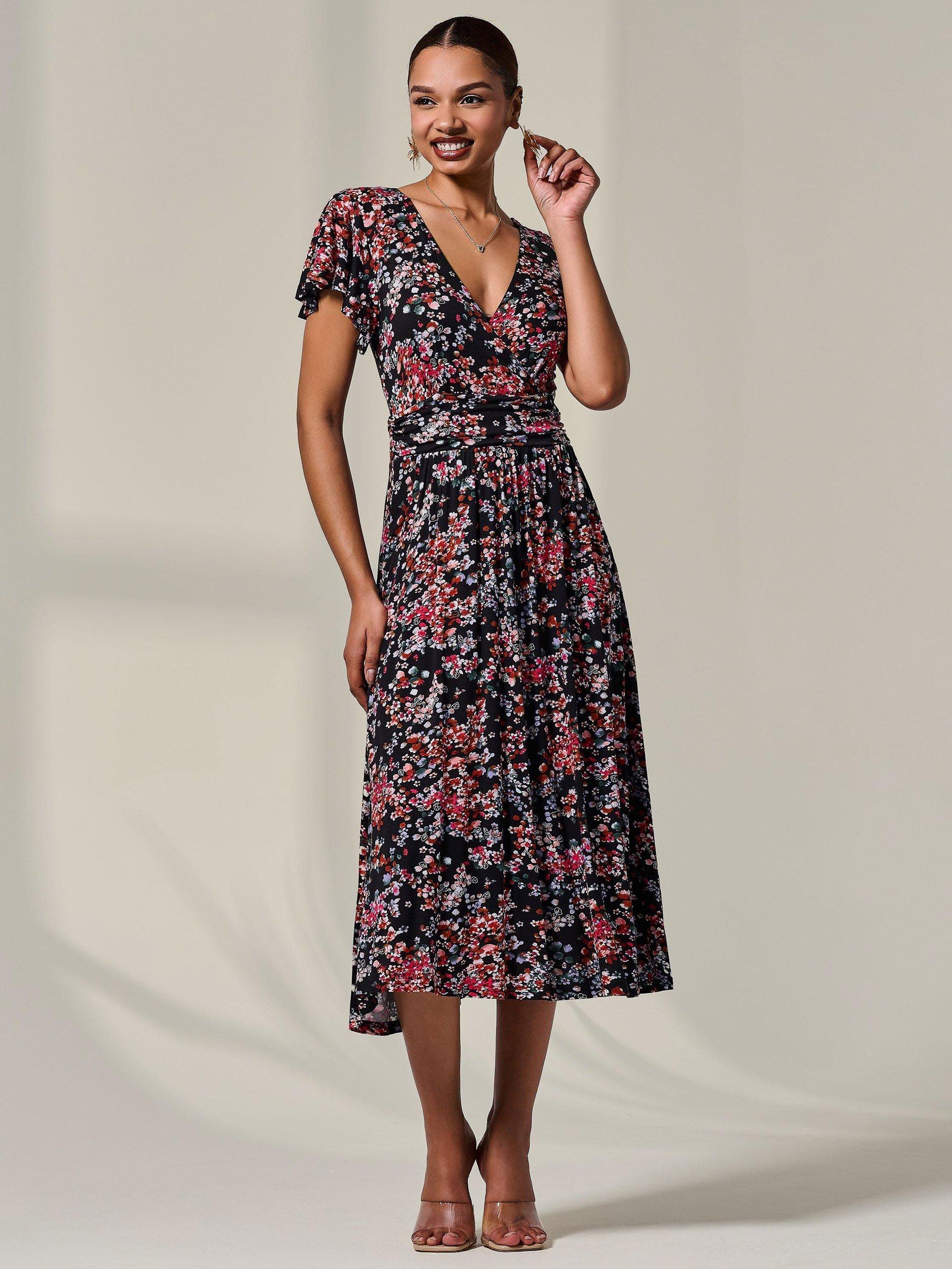 Product image 5 of 7, which shows Jolie Moi Floral Jersey Wrap Midi Dress, Black, 8