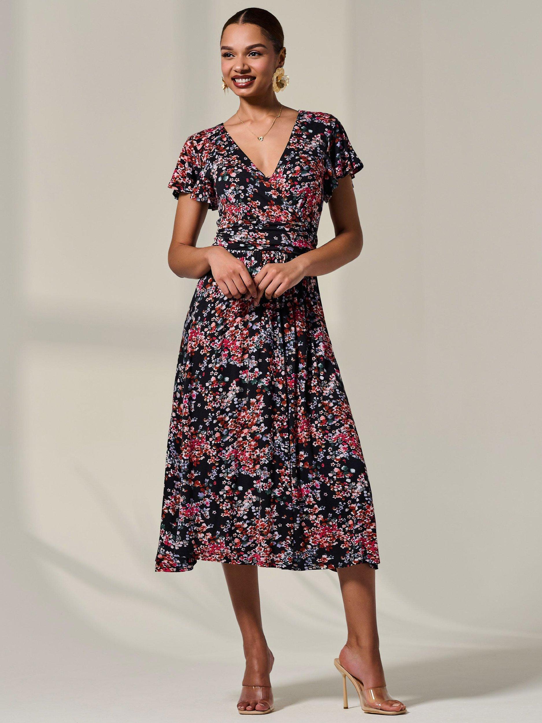 Product image 6 of 7, which shows Jolie Moi Floral Jersey Wrap Midi Dress, Black, 8