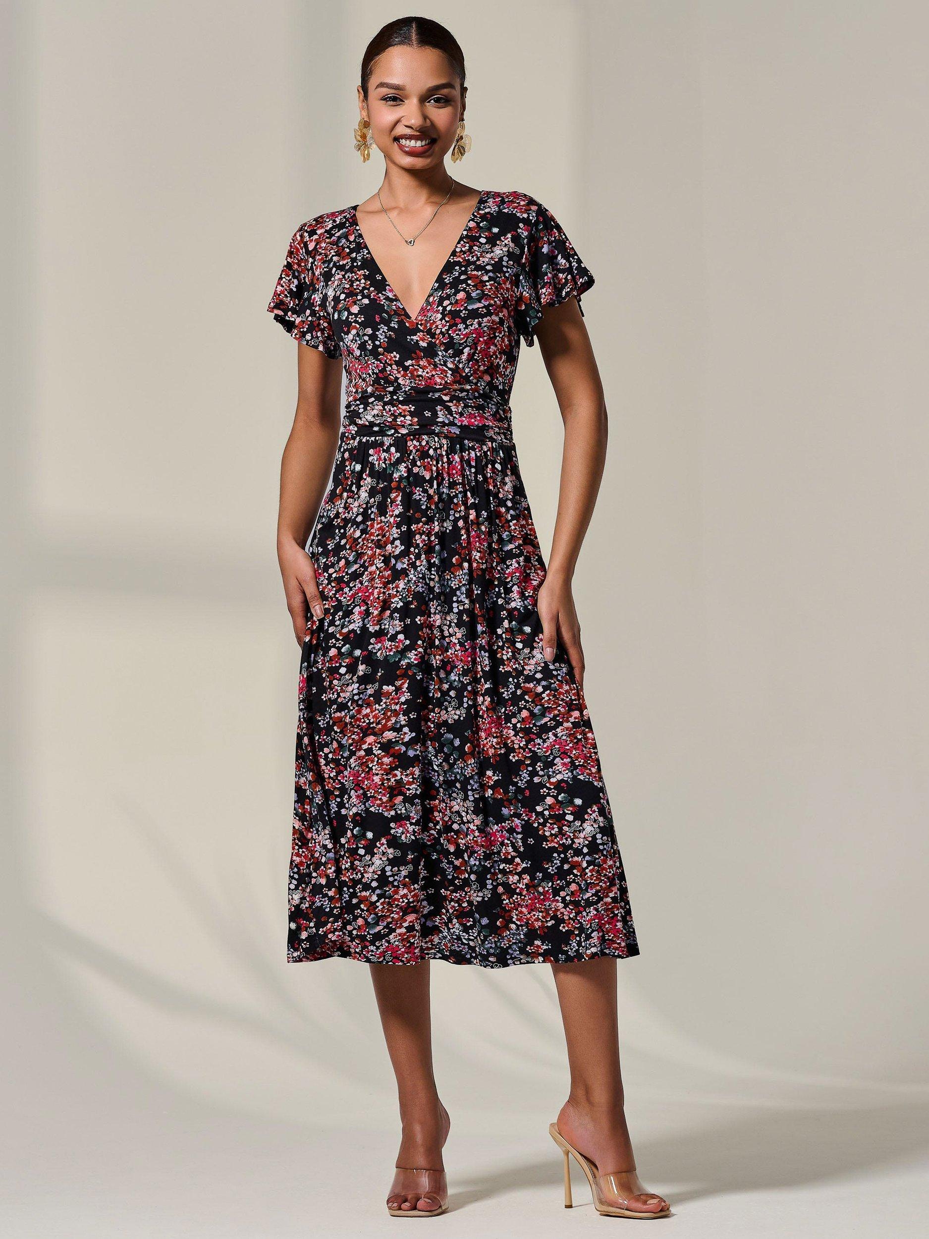 Product image 7 of 7, which shows Jolie Moi Floral Jersey Wrap Midi Dress, Black, 8