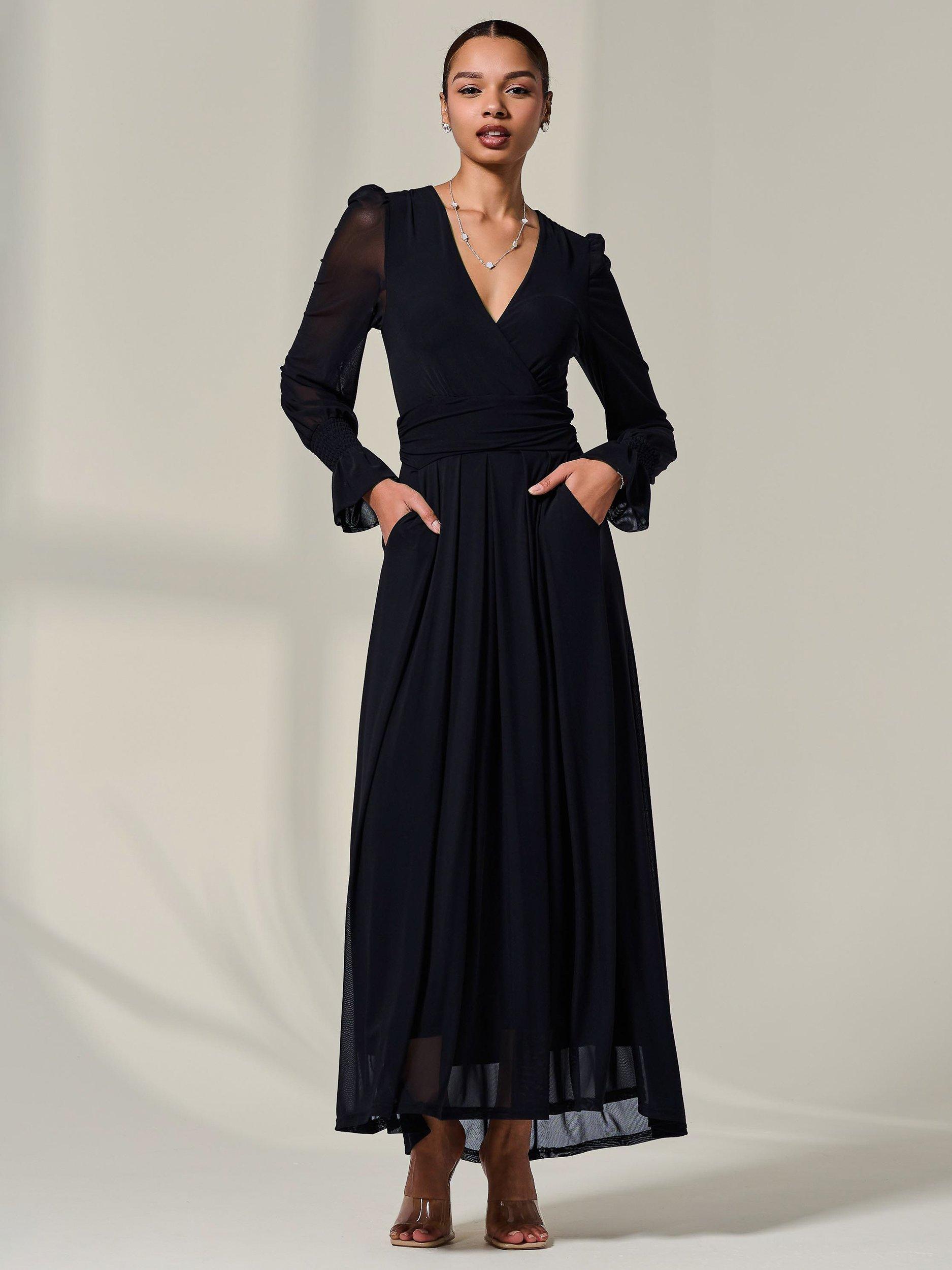 Product image 3 of 7, which shows Jolie Moi V-Neck Long Sleeve Maxi Dress, Black, 8