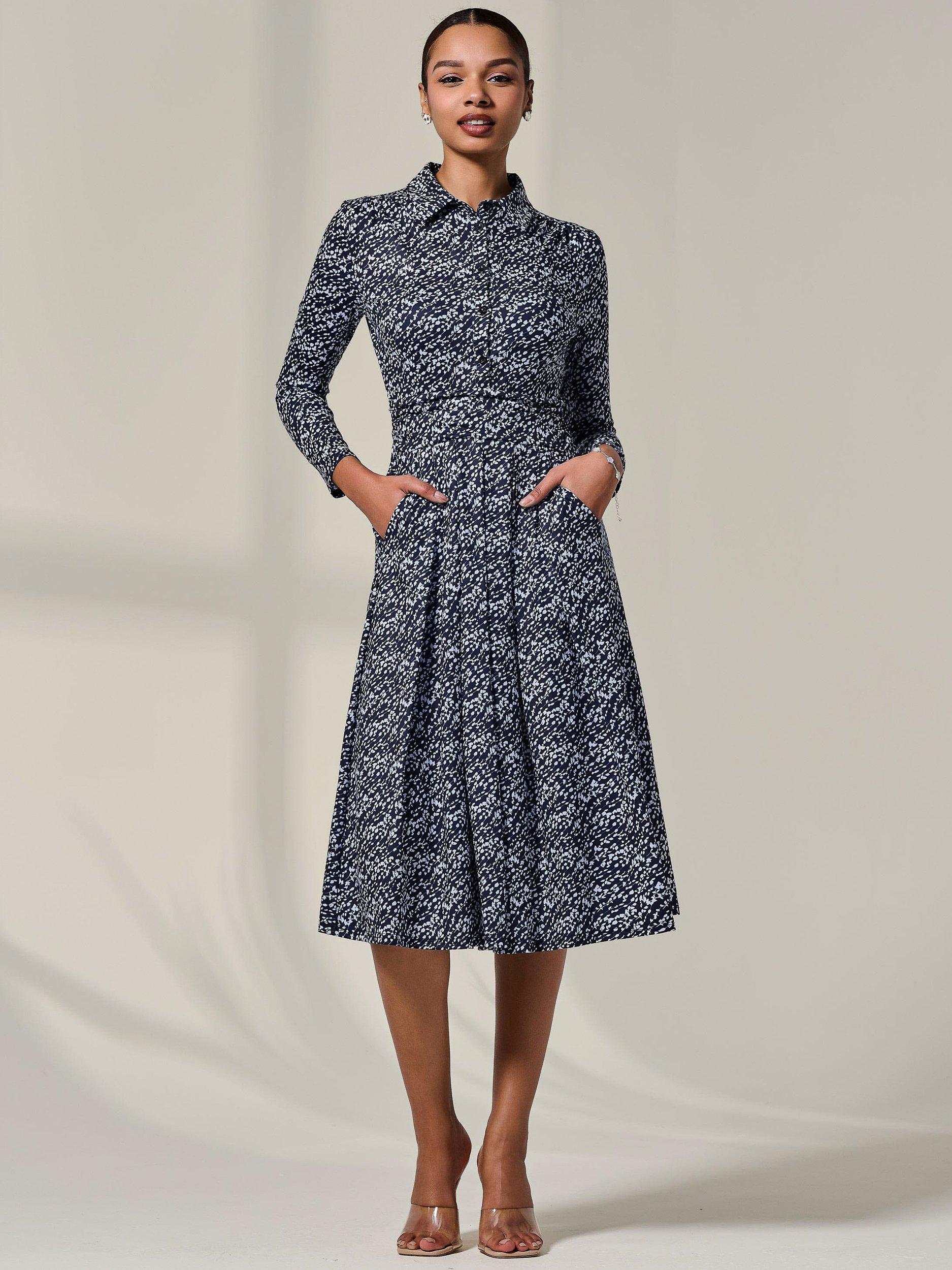Product image 1 of 7, which shows Jolie Moi Floral Button Up Midi Dress, Navy, 8