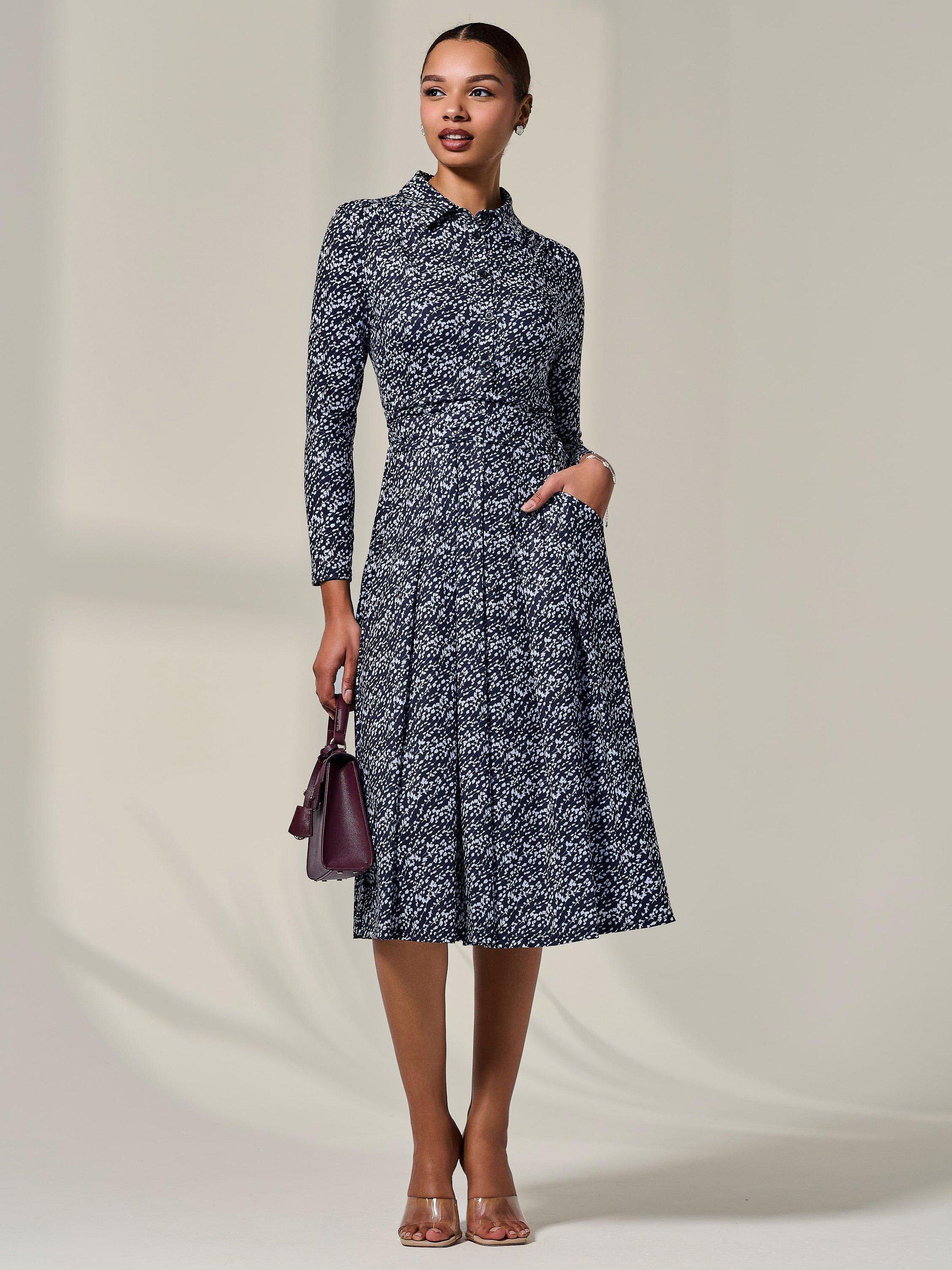 Product image 3 of 7, which shows Jolie Moi Floral Button Up Midi Dress, Navy, 8