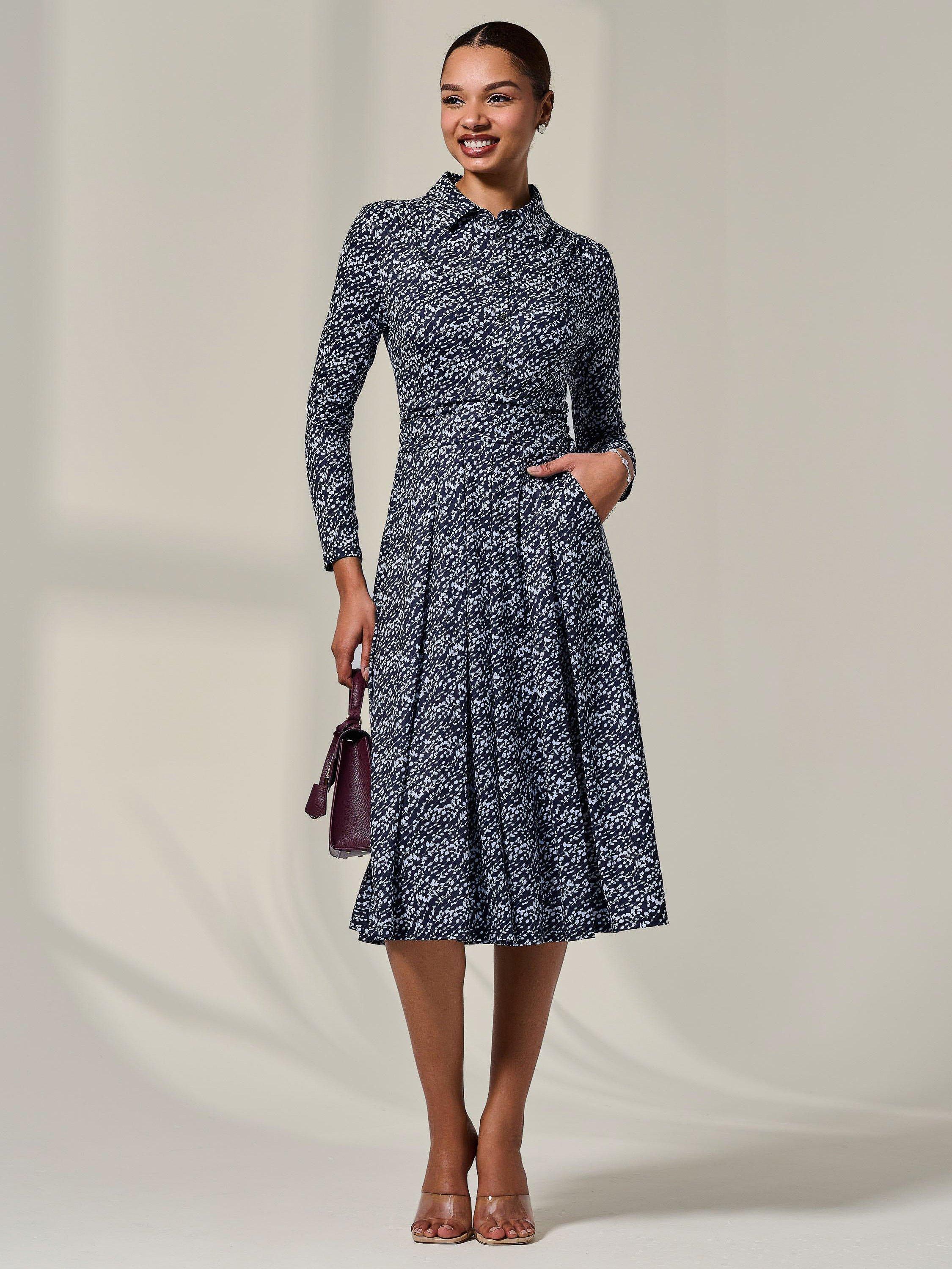 Product image 6 of 7, which shows Jolie Moi Floral Button Up Midi Dress, Navy, 8