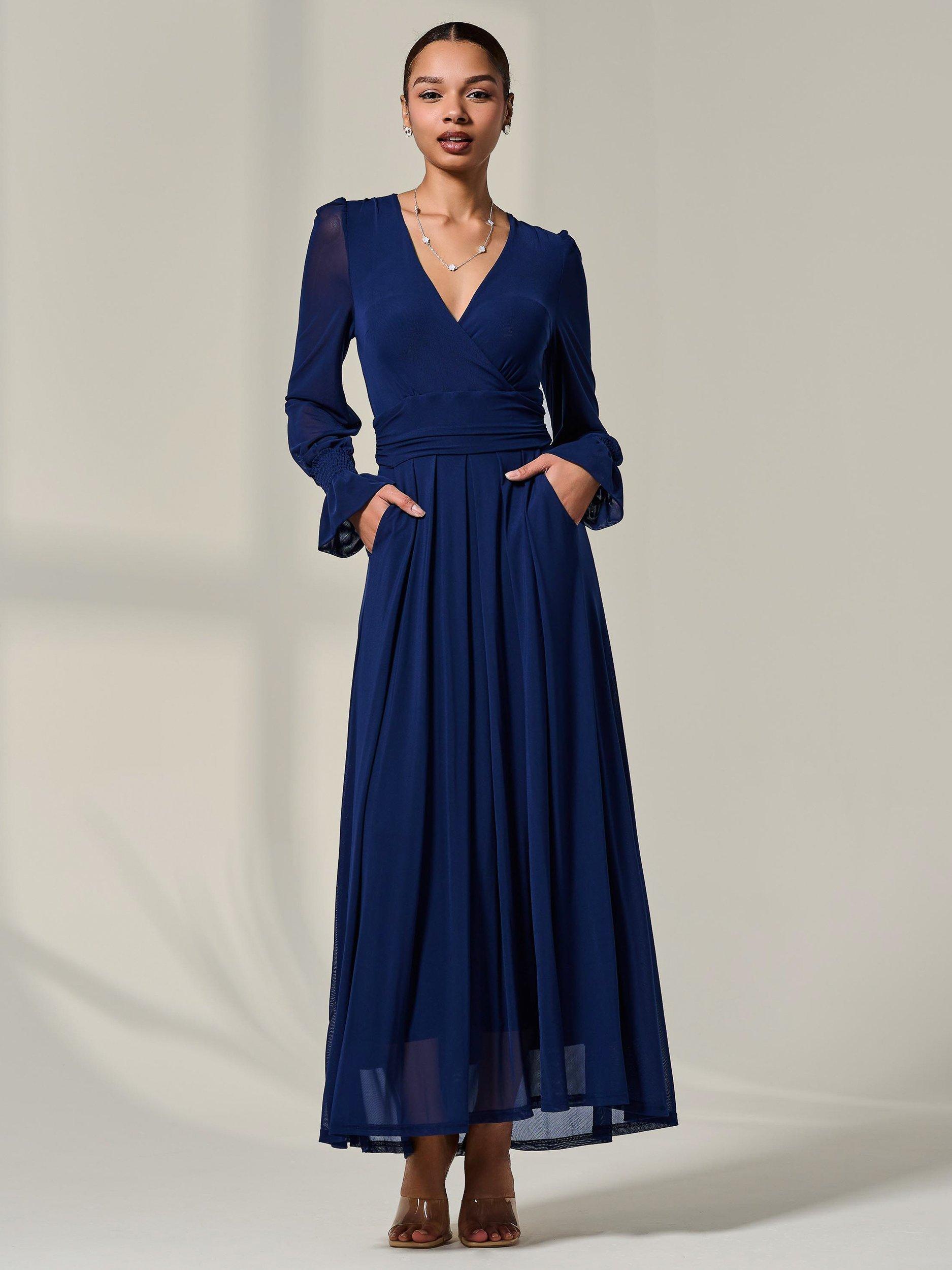Product image 1 of 7, which shows Jolie Moi V-Neck Mesh Maxi Dress, Navy, 8