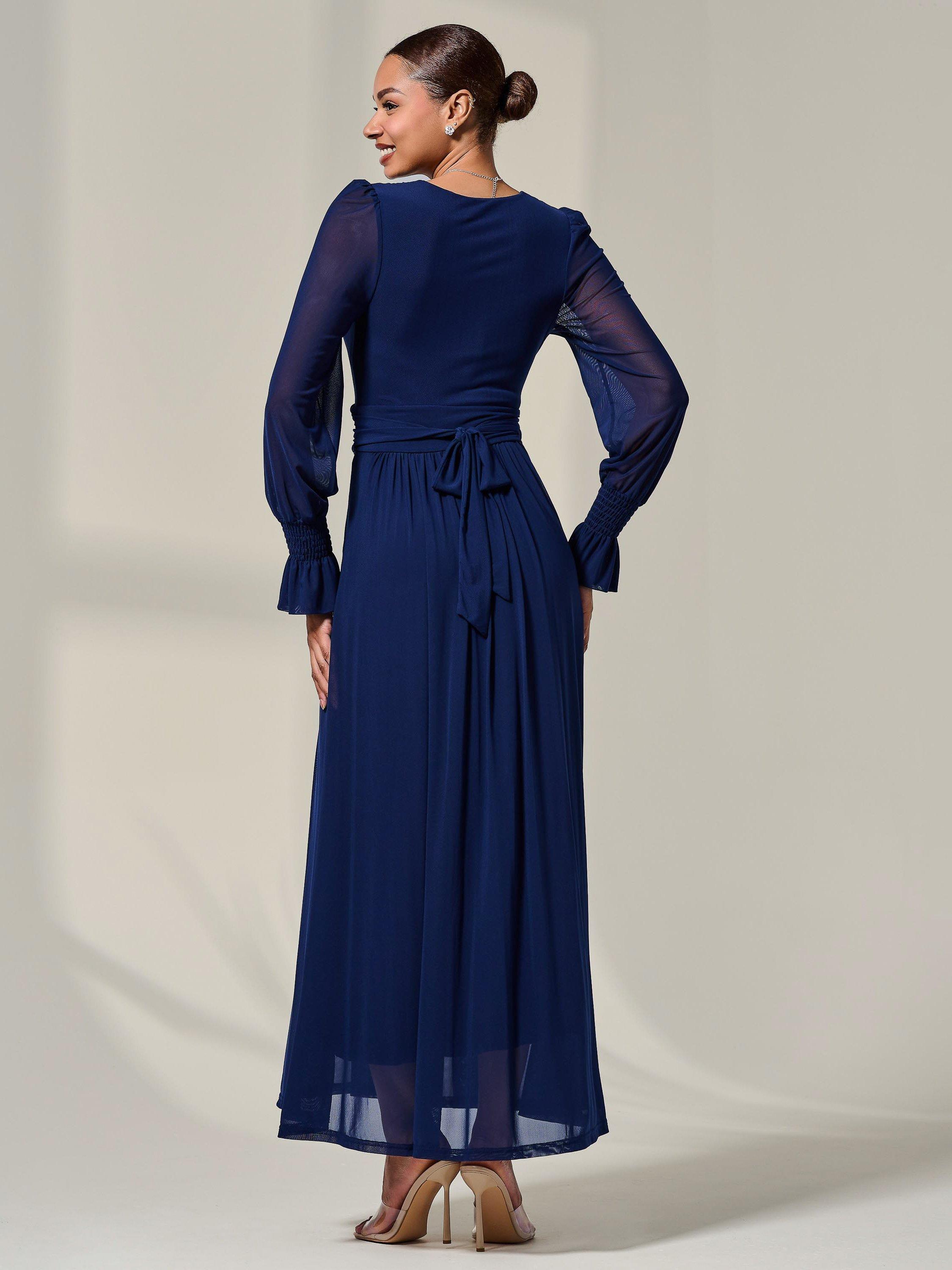 Product image 2 of 7, which shows Jolie Moi V-Neck Mesh Maxi Dress, Navy, 8