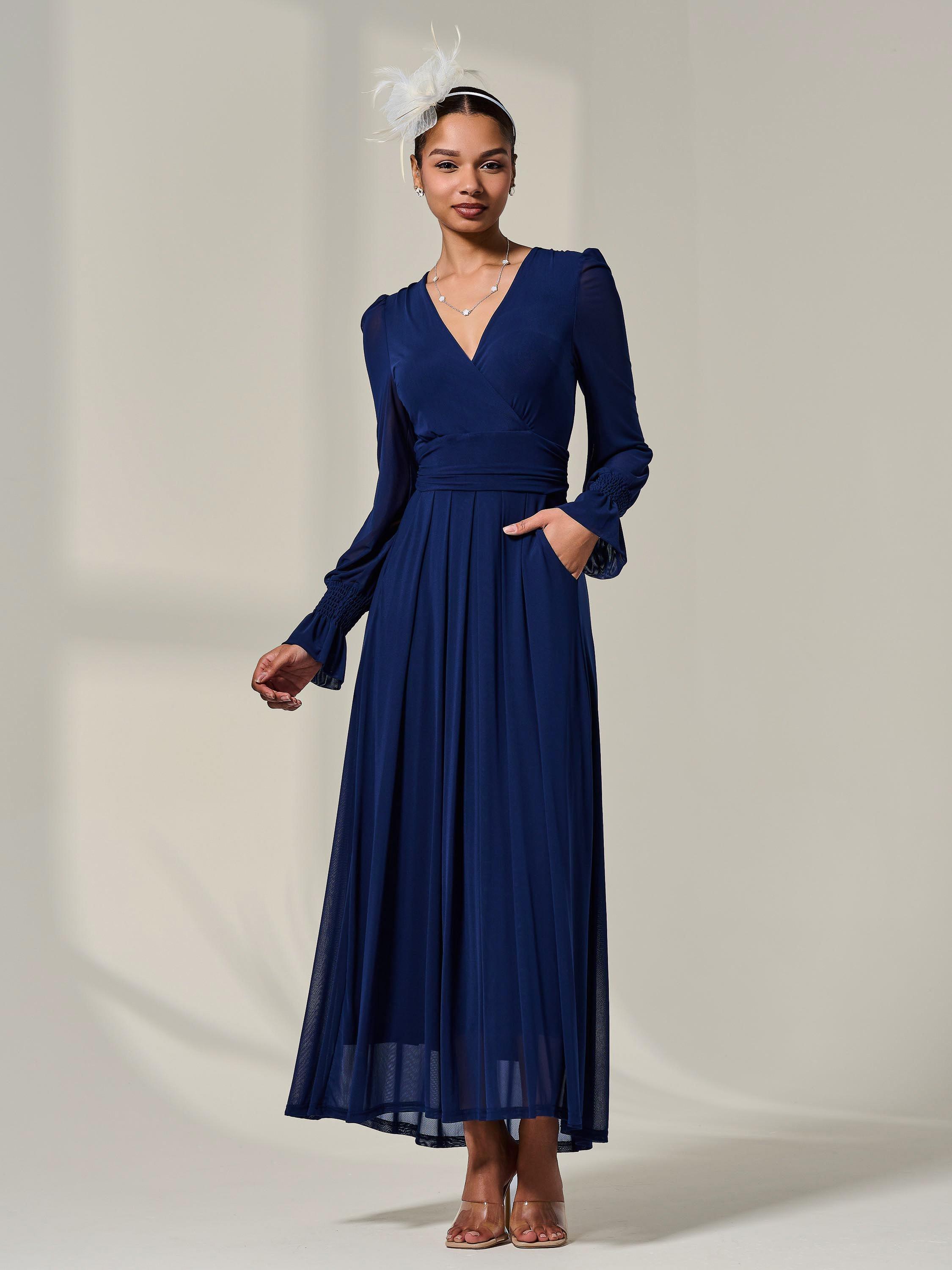 Product image 3 of 7, which shows Jolie Moi V-Neck Mesh Maxi Dress, Navy, 8