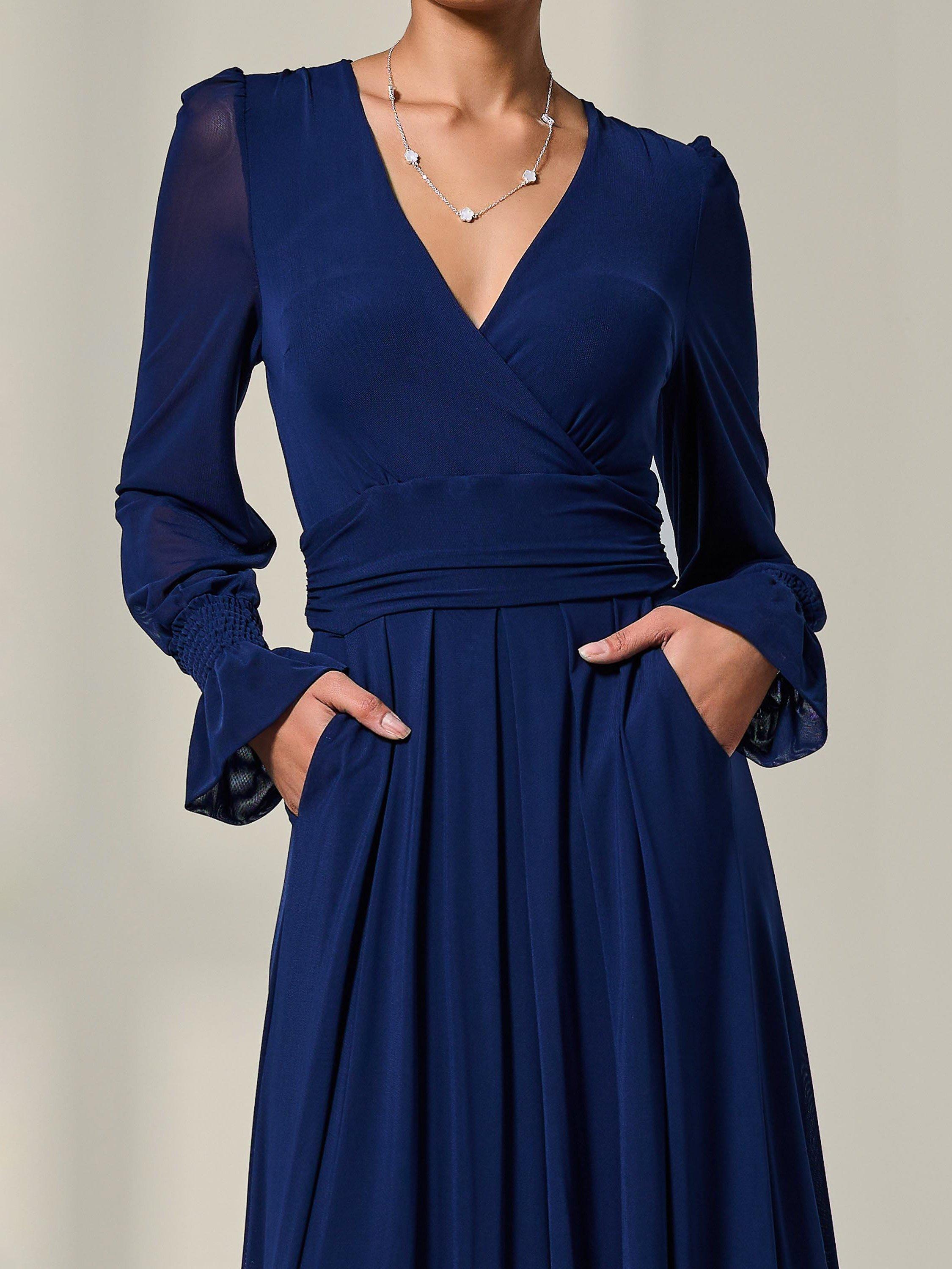 Product image 4 of 7, which shows Jolie Moi V-Neck Mesh Maxi Dress, Navy, 8