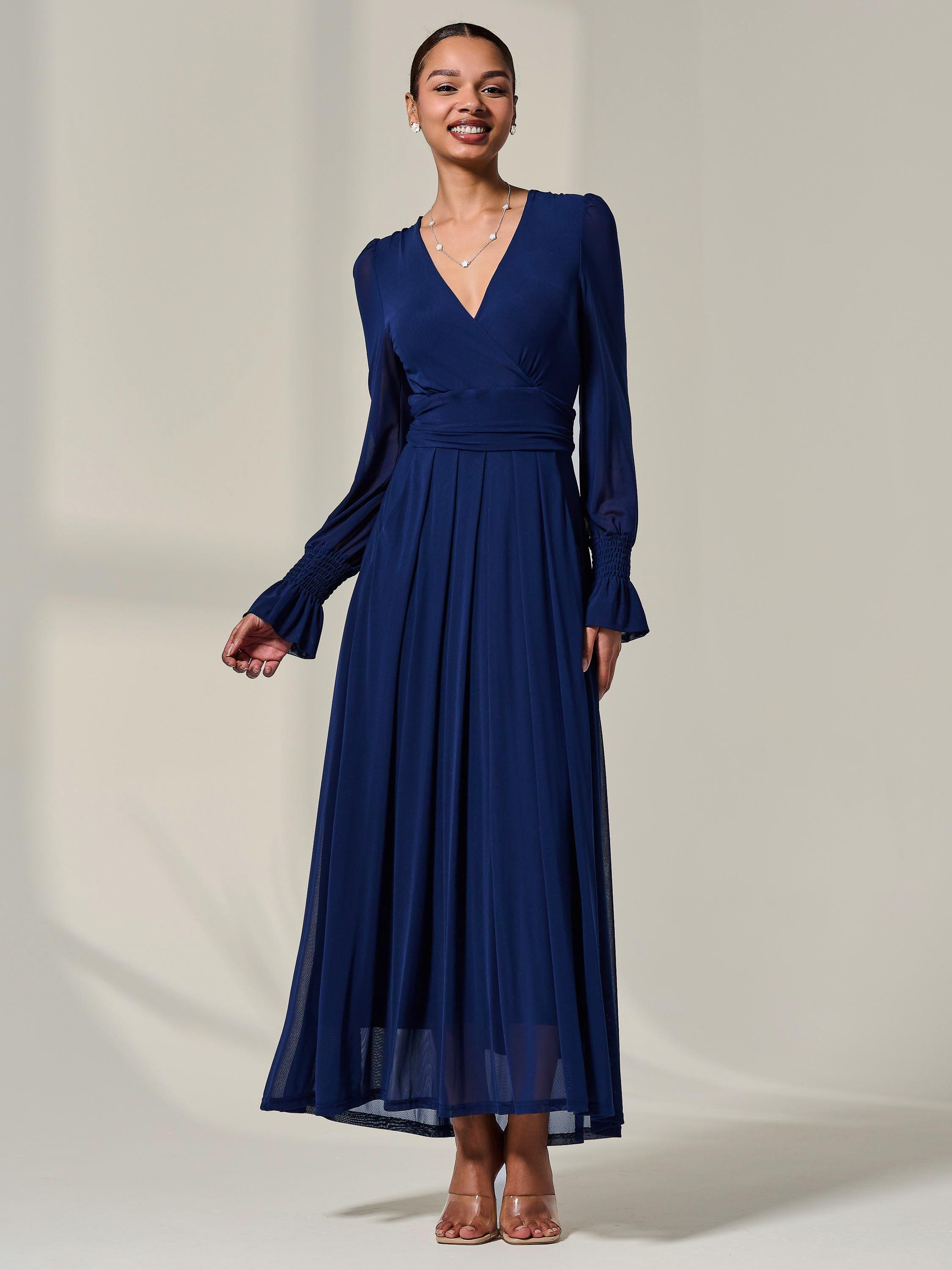 Product image 5 of 7, which shows Jolie Moi V-Neck Mesh Maxi Dress, Navy, 8