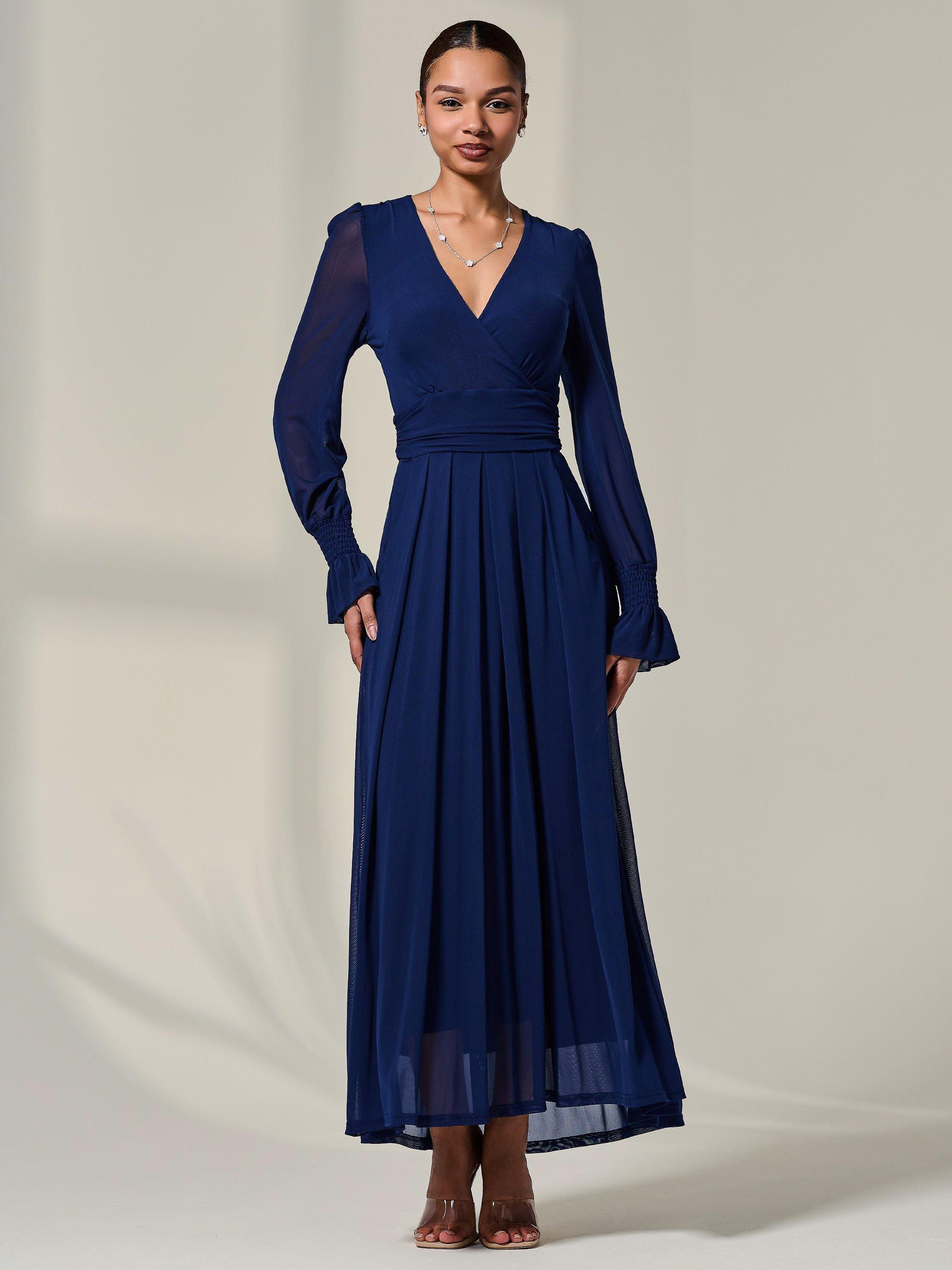 Product image 6 of 7, which shows Jolie Moi V-Neck Mesh Maxi Dress, Navy, 8