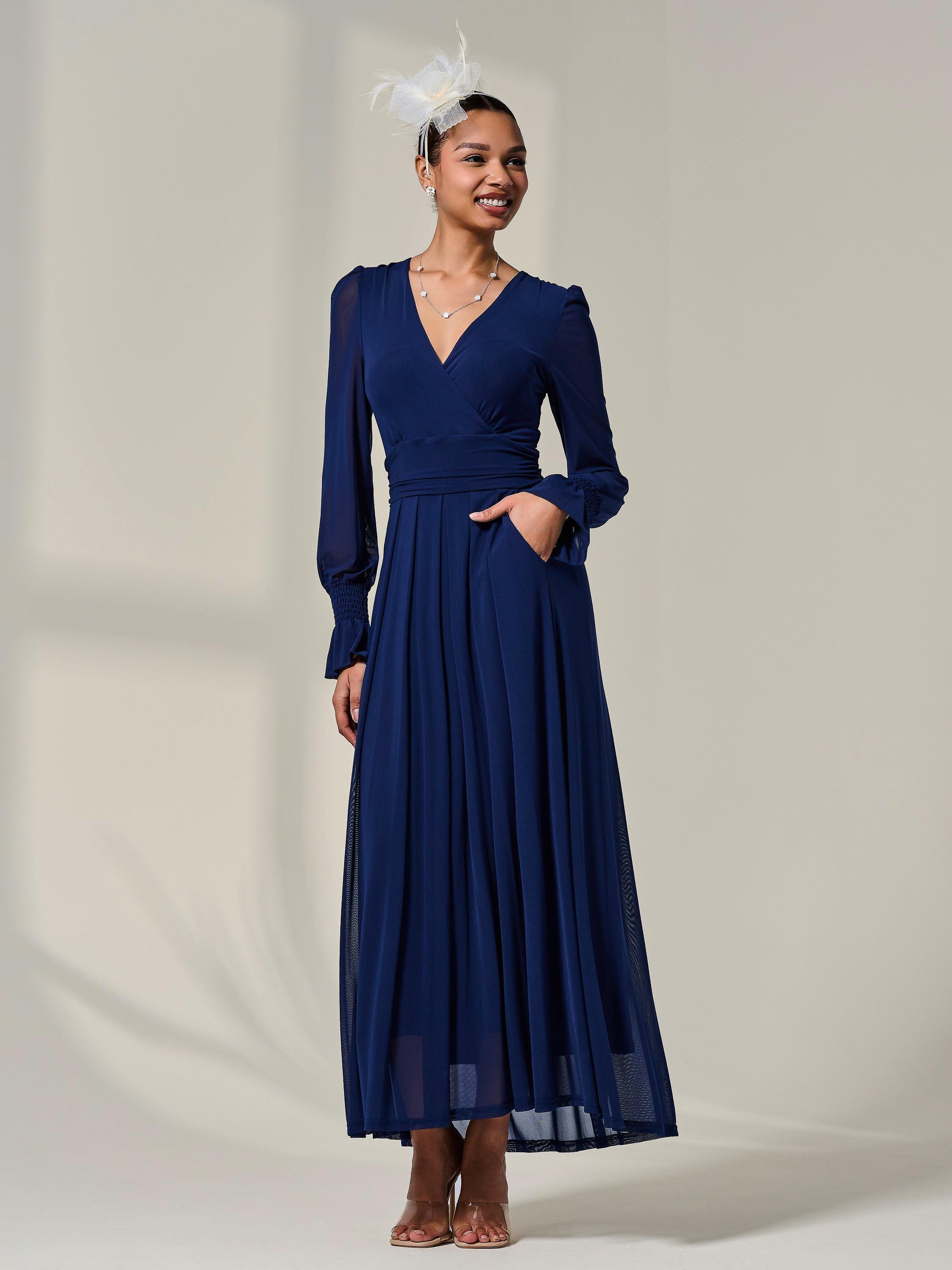Product image 7 of 7, which shows Jolie Moi V-Neck Mesh Maxi Dress, Navy, 8