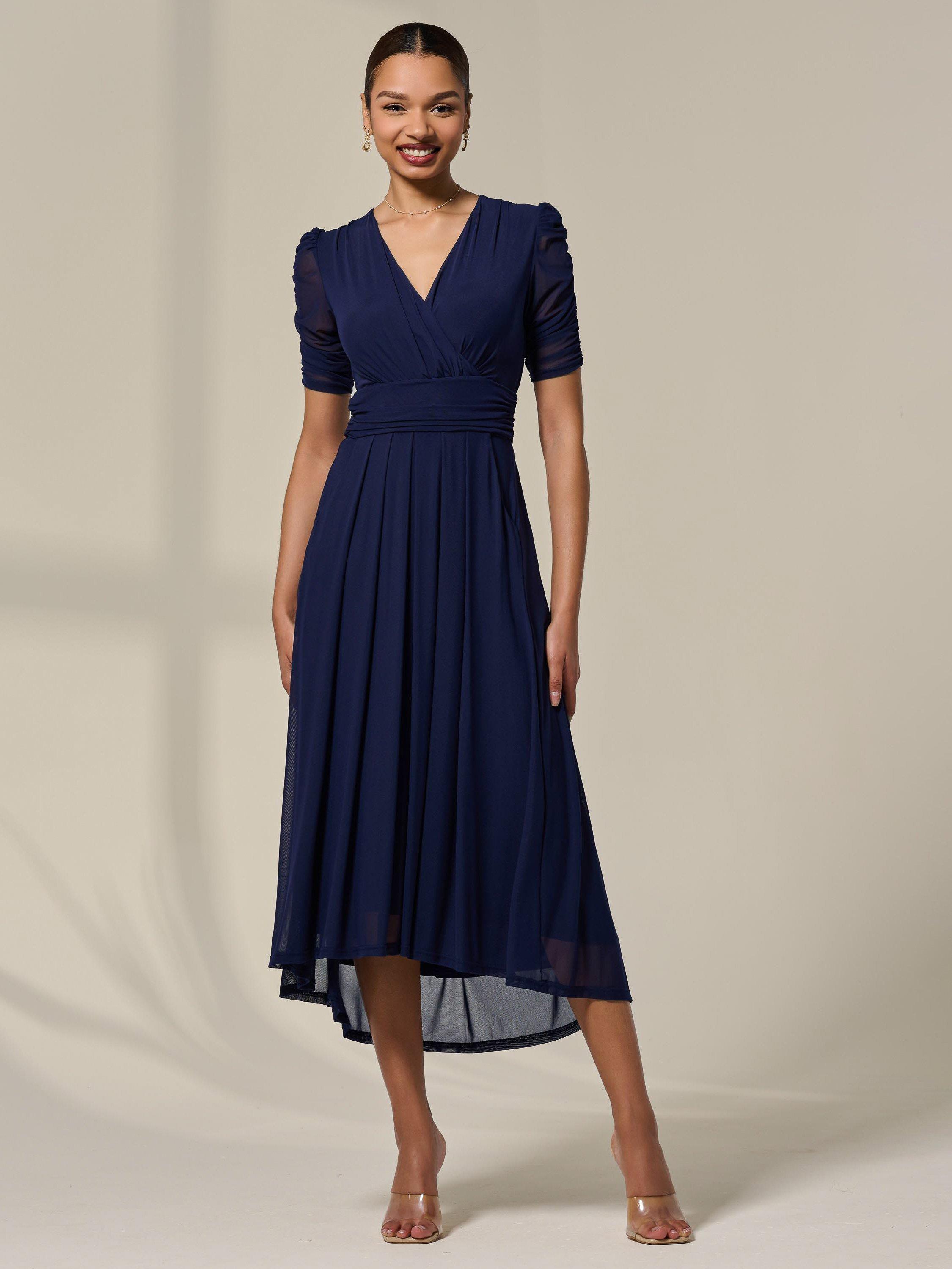 Product image 1 of 7, which shows Jolie Moi Petite Puff Sleeve Midi Dress, Navy, 8Pt