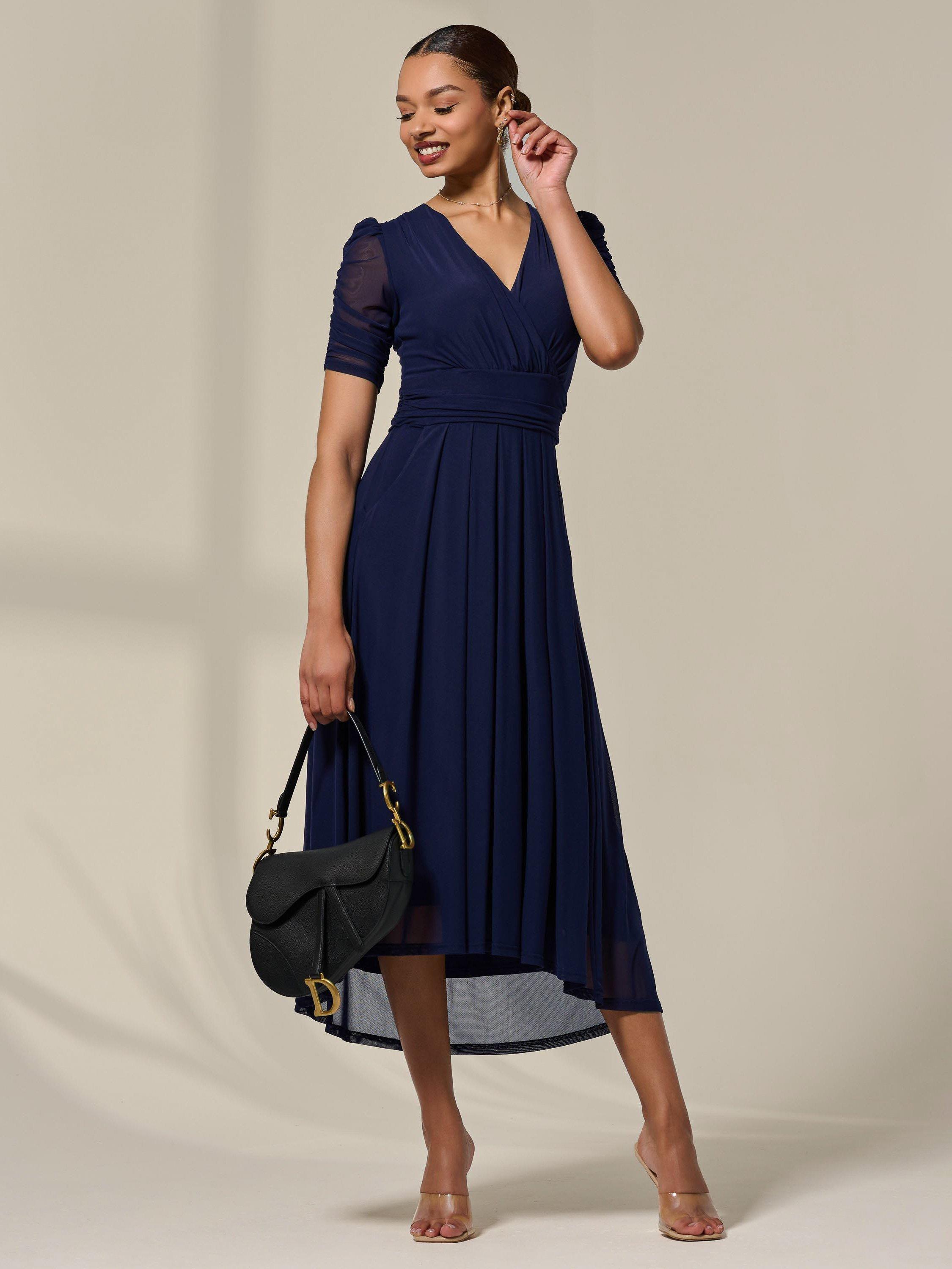 Product image 5 of 7, which shows Jolie Moi Petite Puff Sleeve Midi Dress, Navy, 8Pt