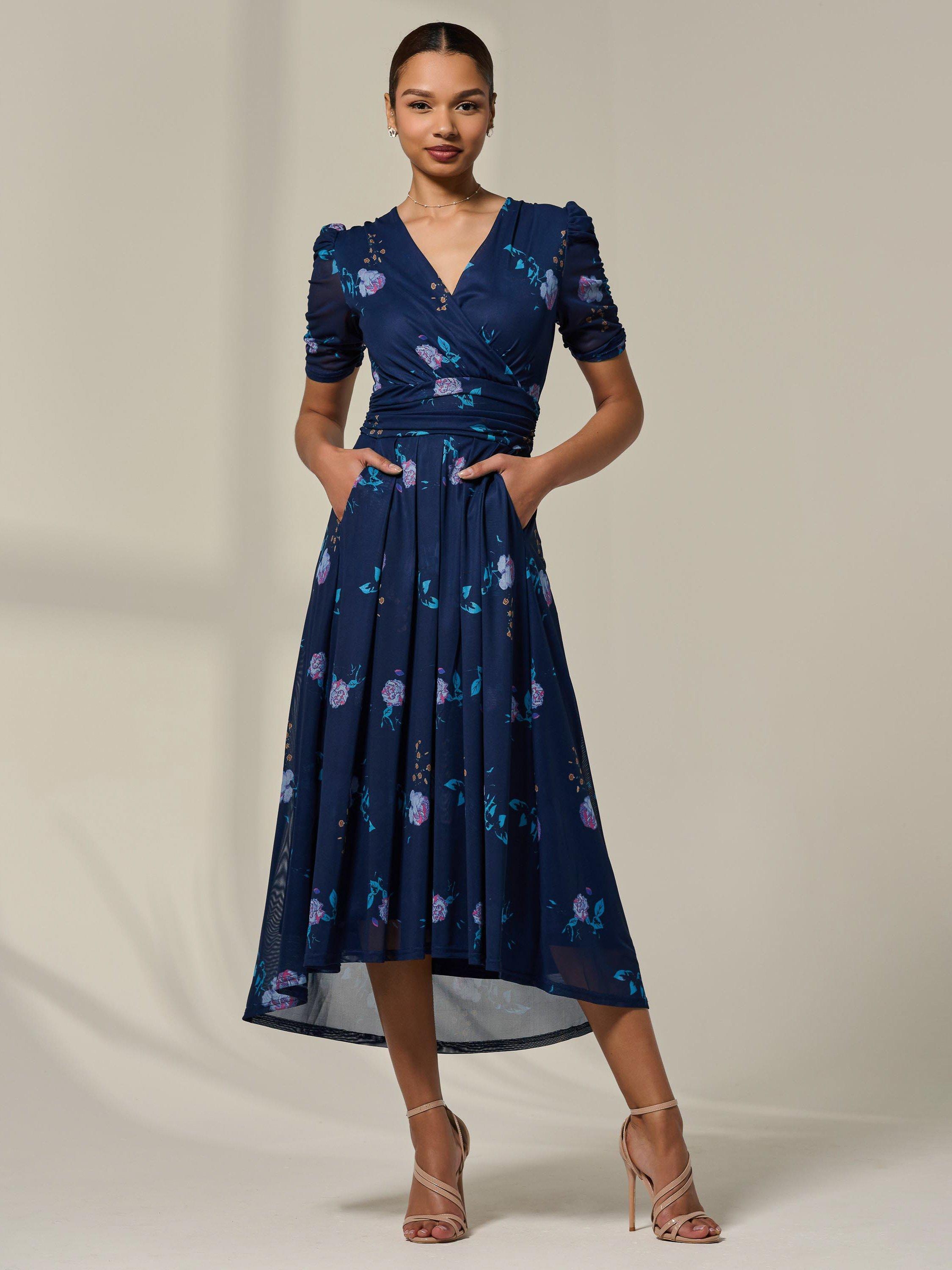Product image 1 of 7, which shows Jolie Moi Petite Floral Ruched Midi Dress, Navy Floral, 8Pt