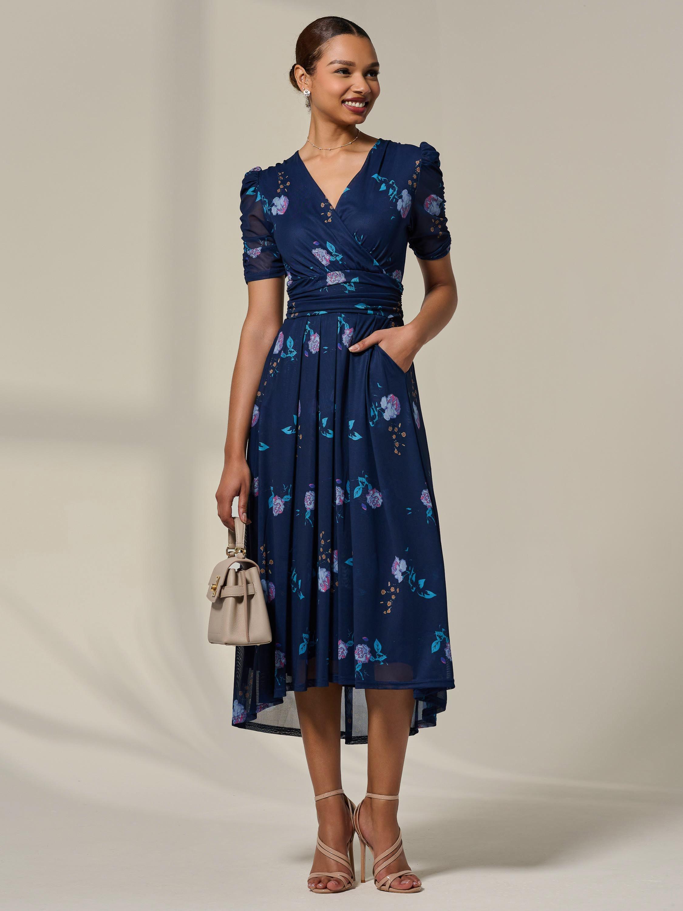 Product image 3 of 7, which shows Jolie Moi Petite Floral Ruched Midi Dress, Navy Floral, 8Pt