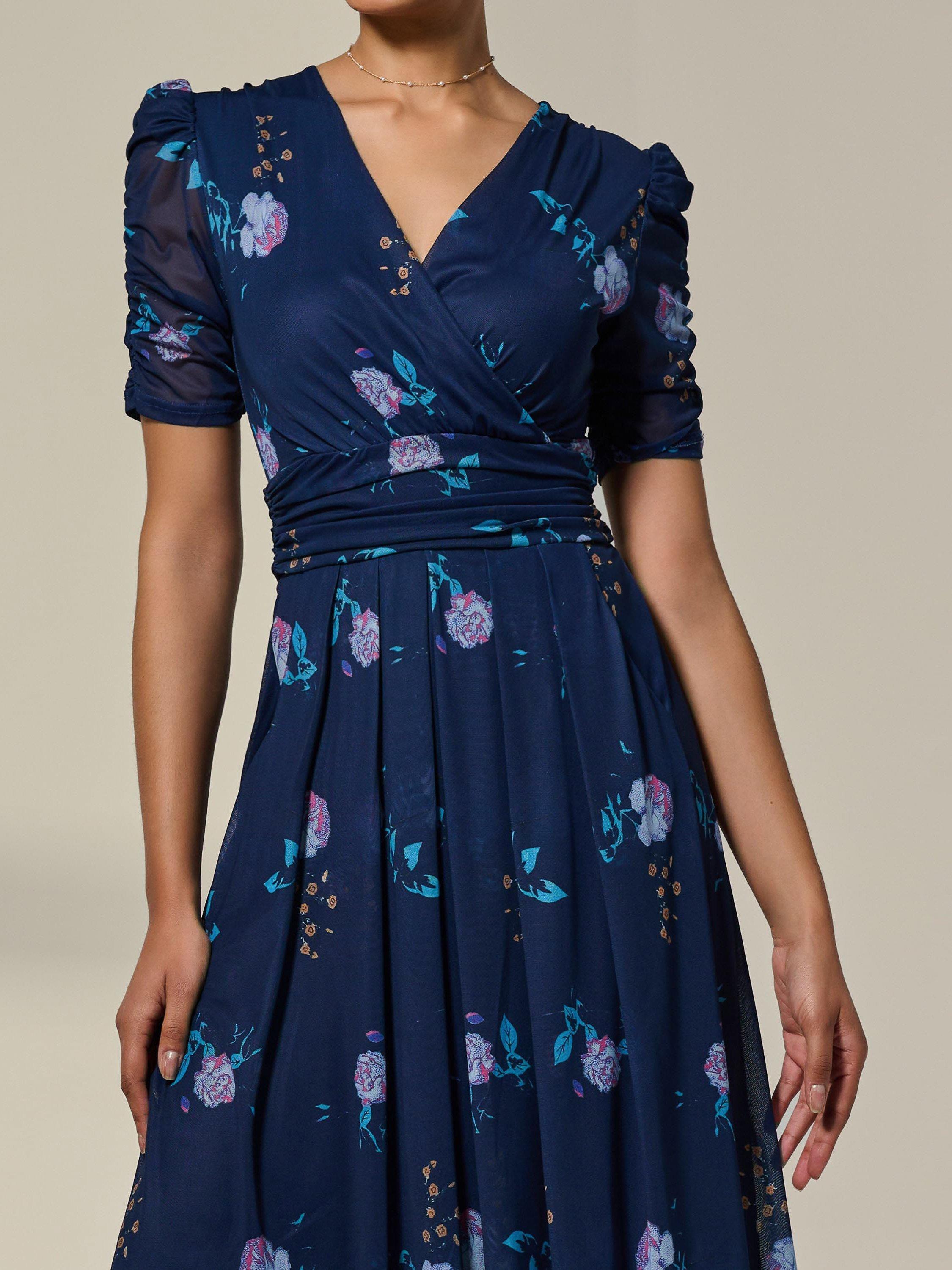 Product image 4 of 7, which shows Jolie Moi Petite Floral Ruched Midi Dress, Navy Floral, 8Pt
