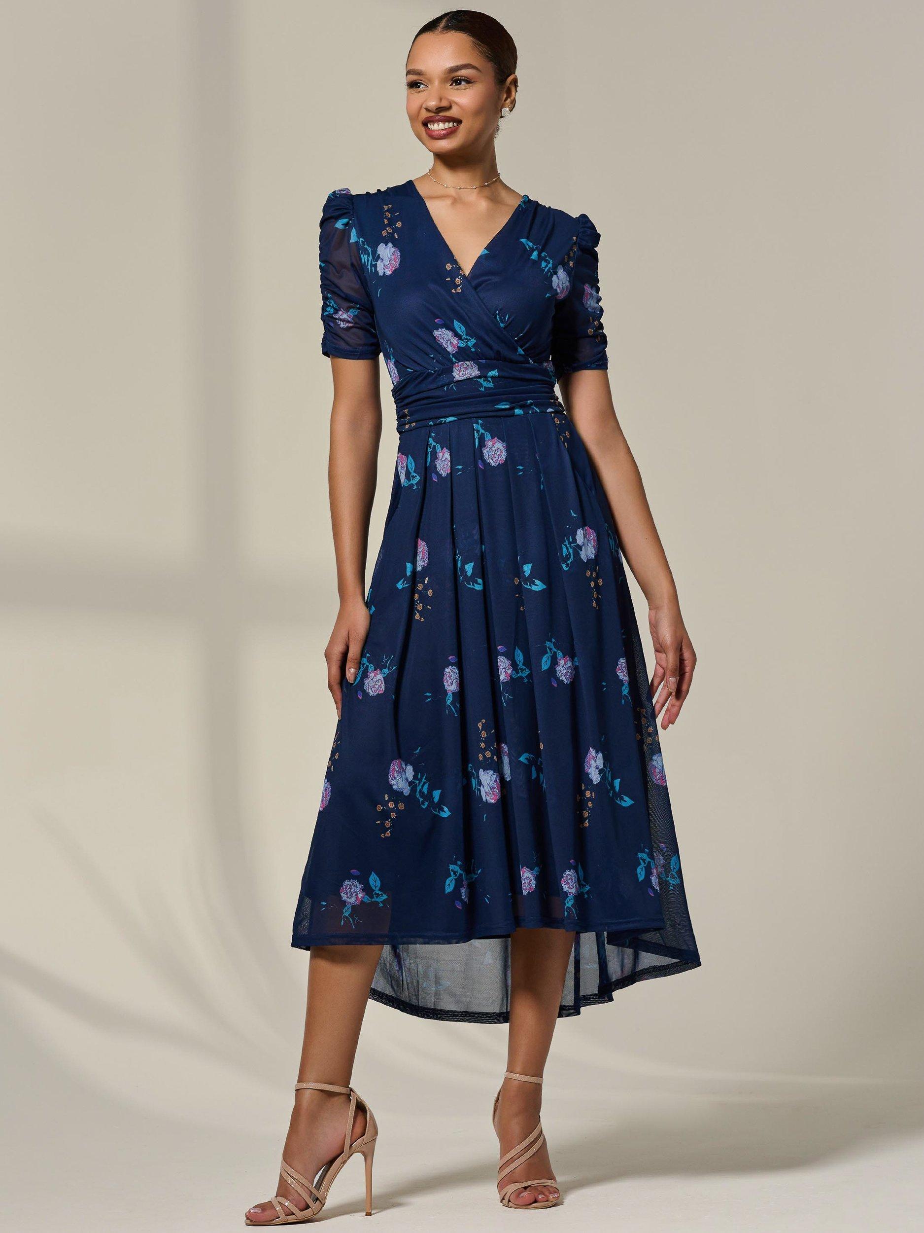 Product image 5 of 7, which shows Jolie Moi Petite Floral Ruched Midi Dress, Navy Floral, 8Pt
