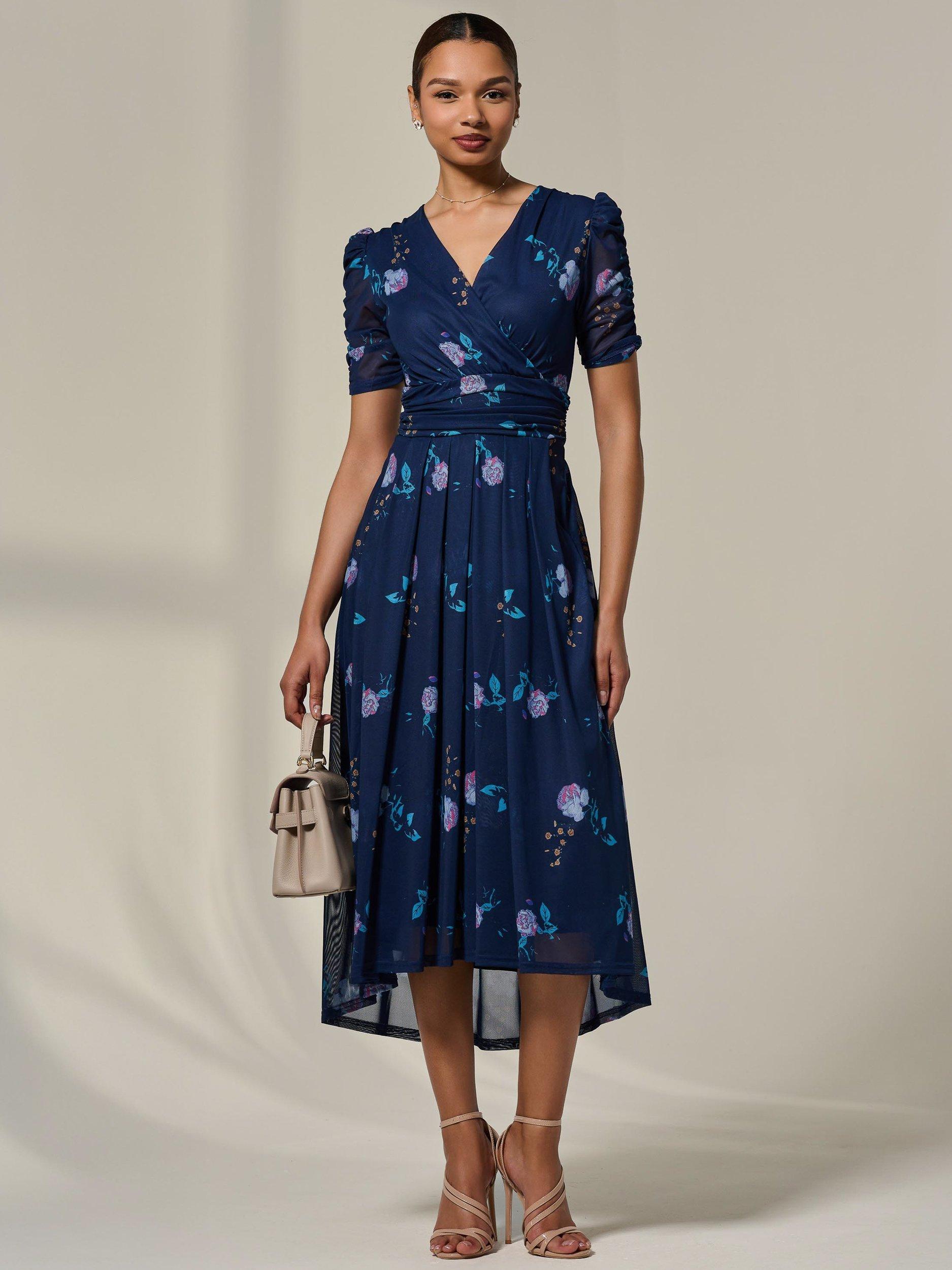 Product image 6 of 7, which shows Jolie Moi Petite Floral Ruched Midi Dress, Navy Floral, 8Pt