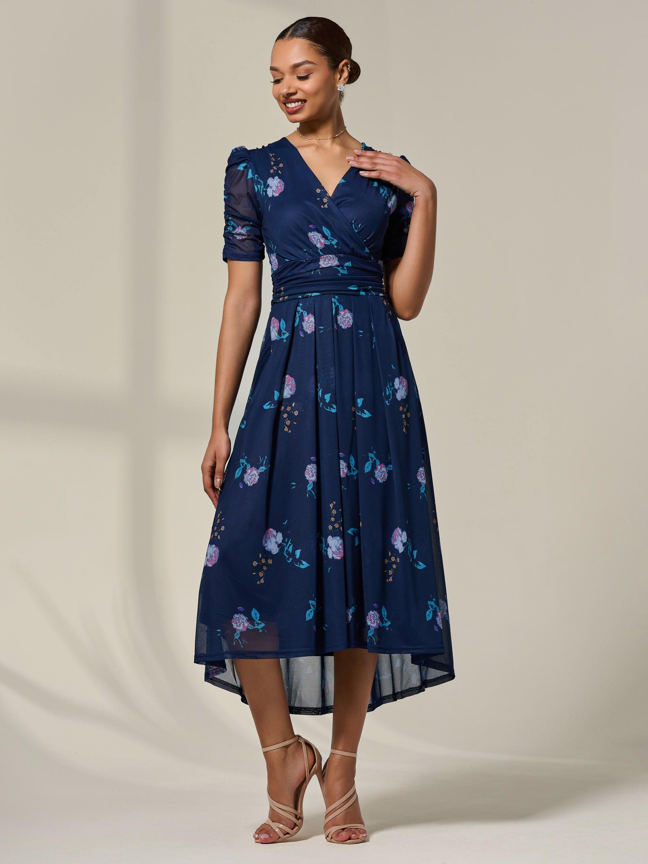 Product image 7 of 7, which shows Jolie Moi Petite Floral Ruched Midi Dress, Navy Floral, 8Pt