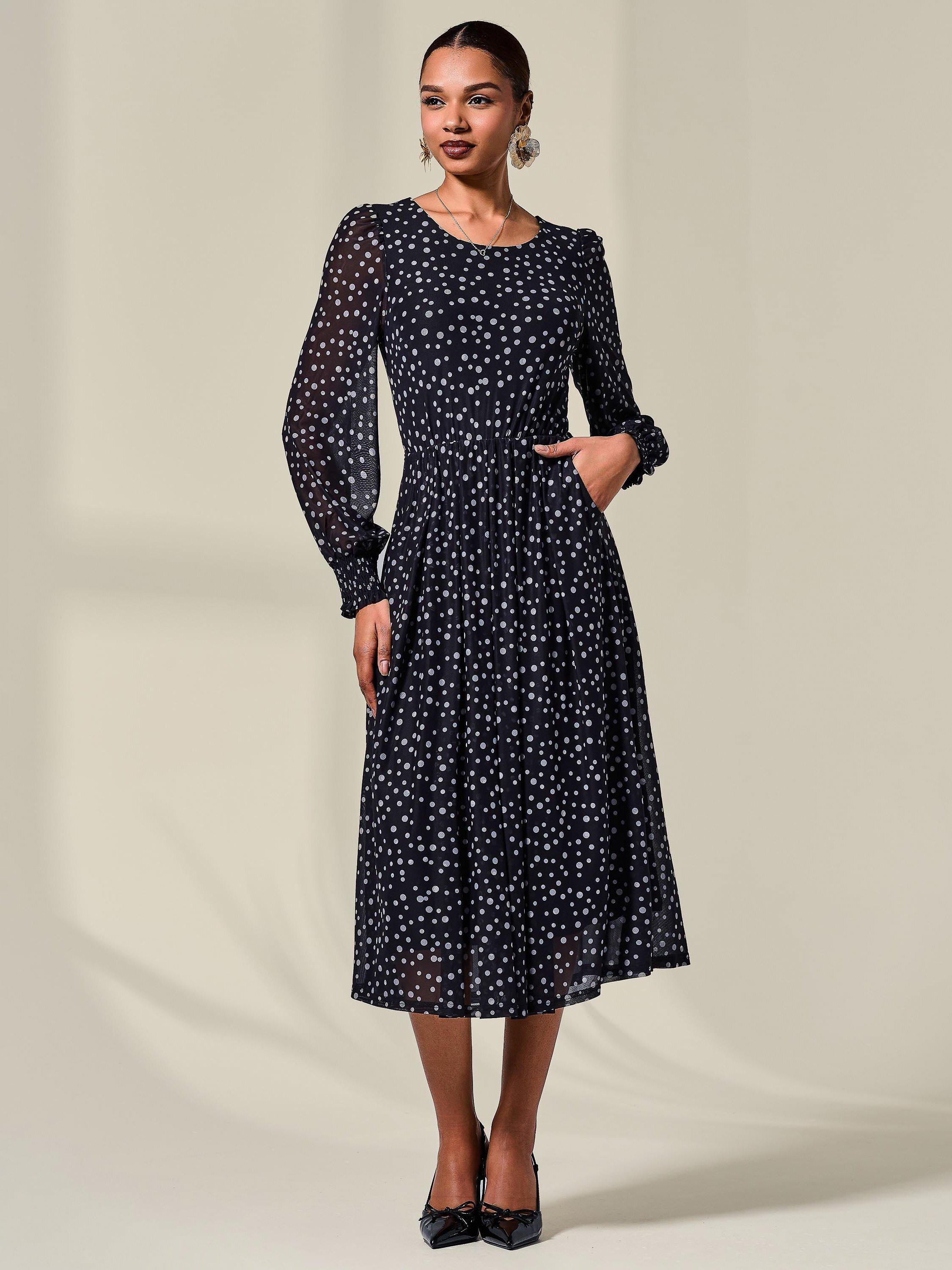 Product image 1 of 7, which shows Jolie Moi Polka Dot Mesh Midi Dress, Black, 8