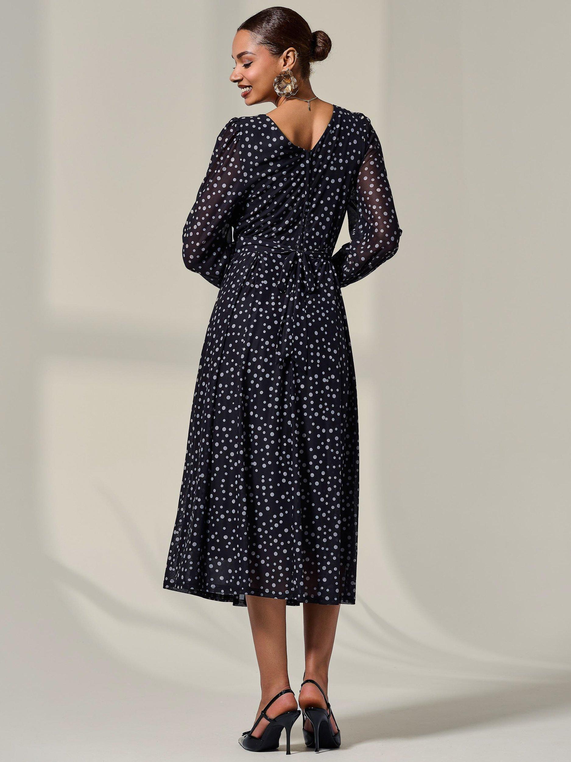 Product image 2 of 7, which shows Jolie Moi Polka Dot Mesh Midi Dress, Black, 8