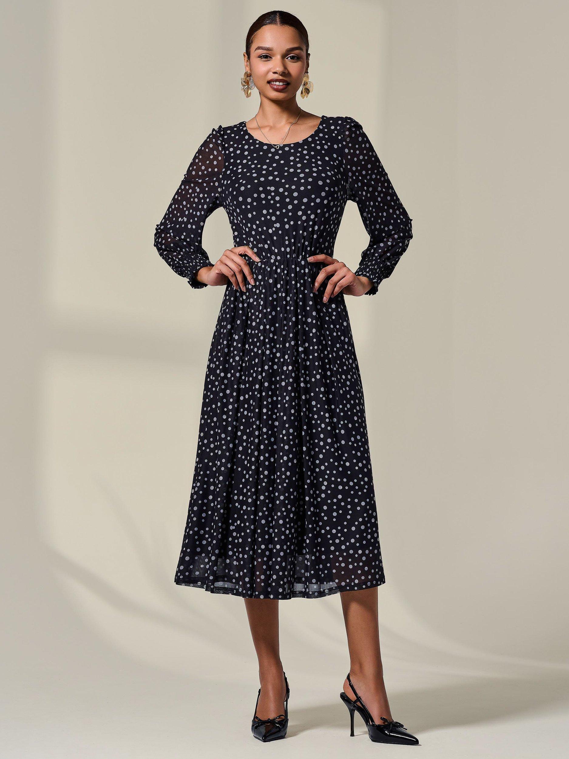 Product image 3 of 7, which shows Jolie Moi Polka Dot Mesh Midi Dress, Black, 8