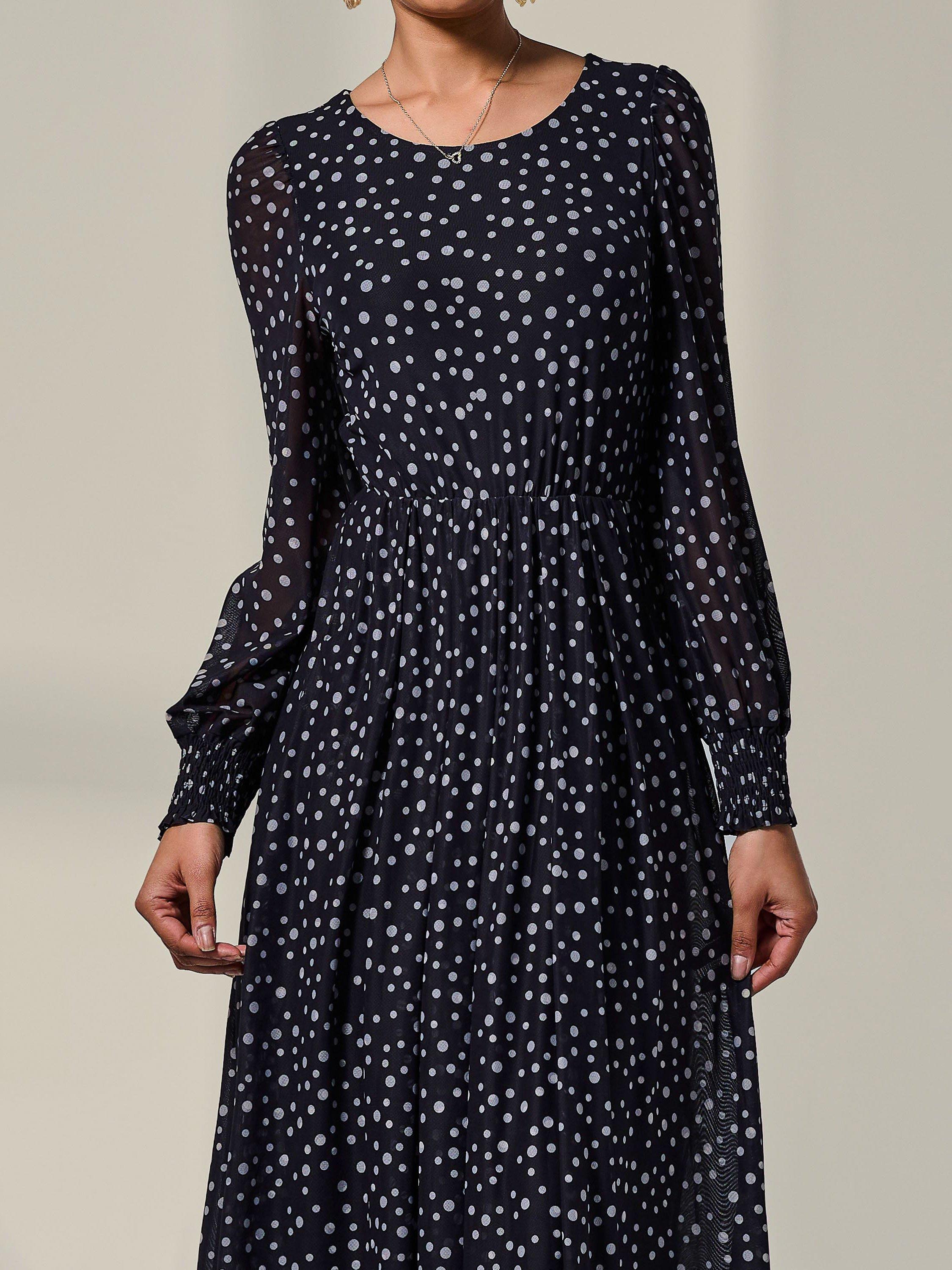 Product image 4 of 7, which shows Jolie Moi Polka Dot Mesh Midi Dress, Black, 8