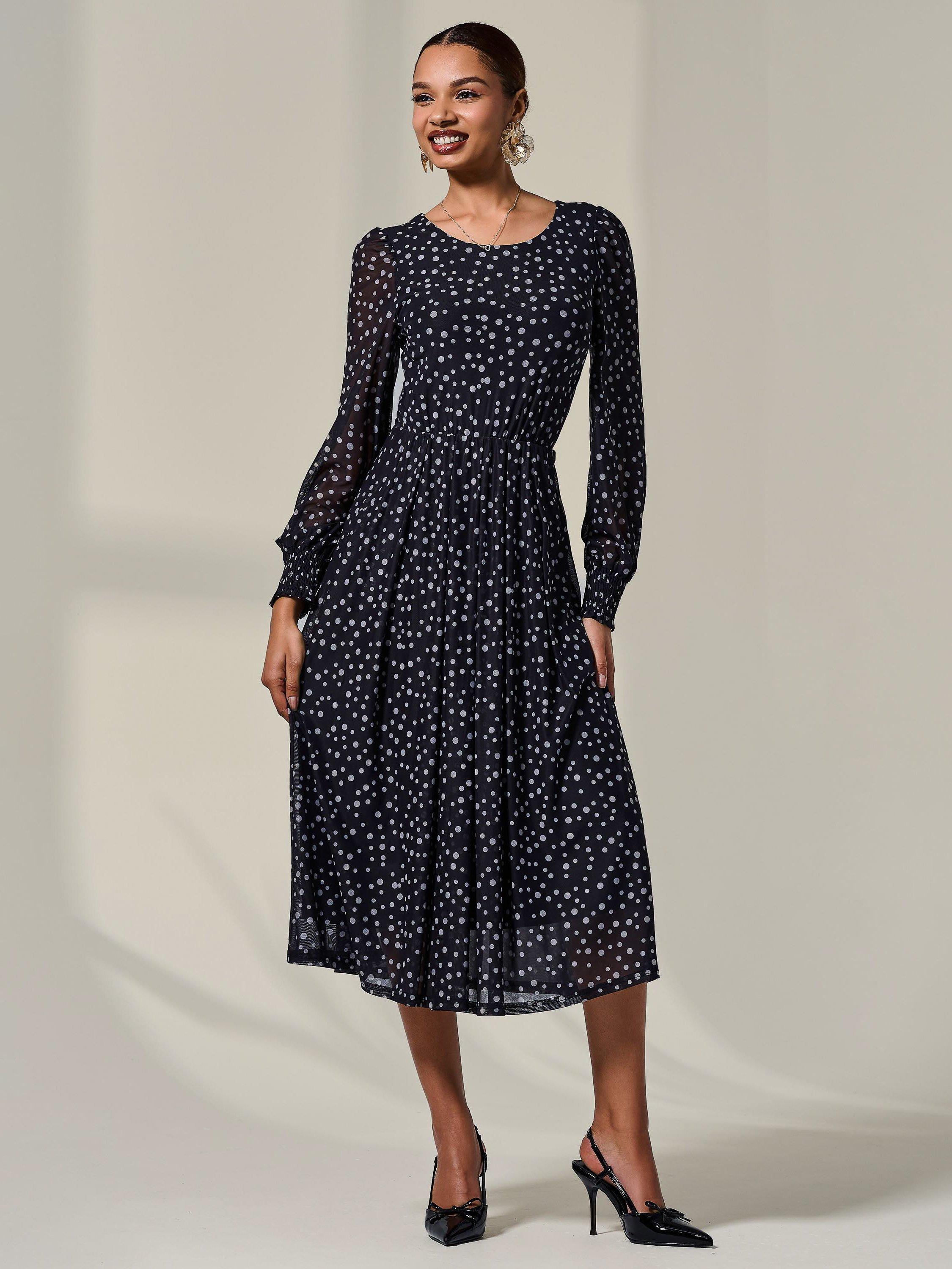 Product image 5 of 7, which shows Jolie Moi Polka Dot Mesh Midi Dress, Black, 8