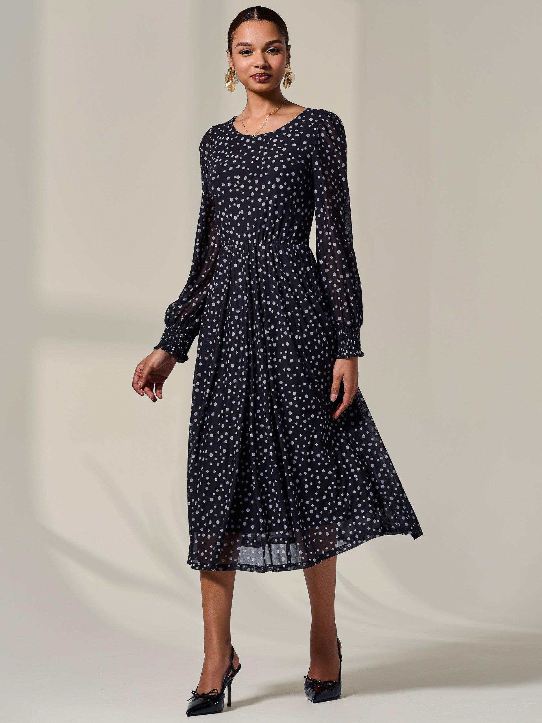 Product image 6 of 7, which shows Jolie Moi Polka Dot Mesh Midi Dress, Black, 8