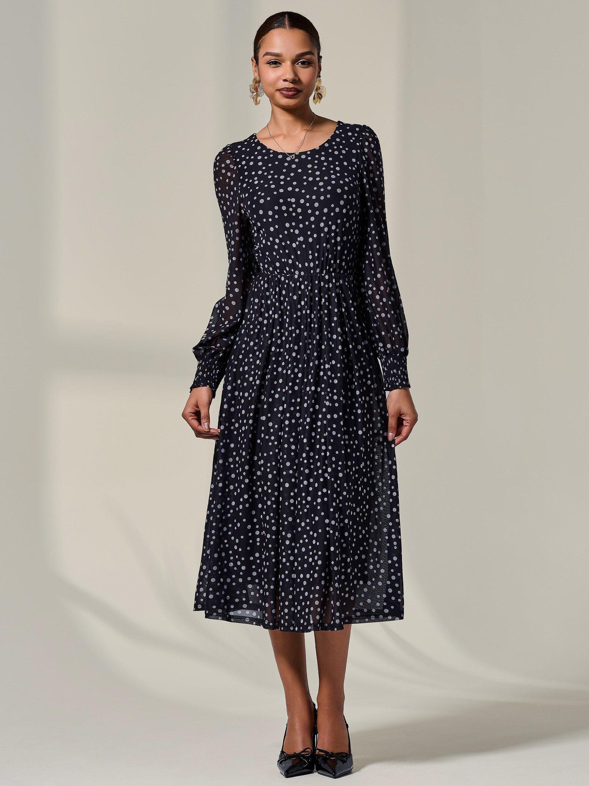 Product image 7 of 7, which shows Jolie Moi Polka Dot Mesh Midi Dress, Black, 8